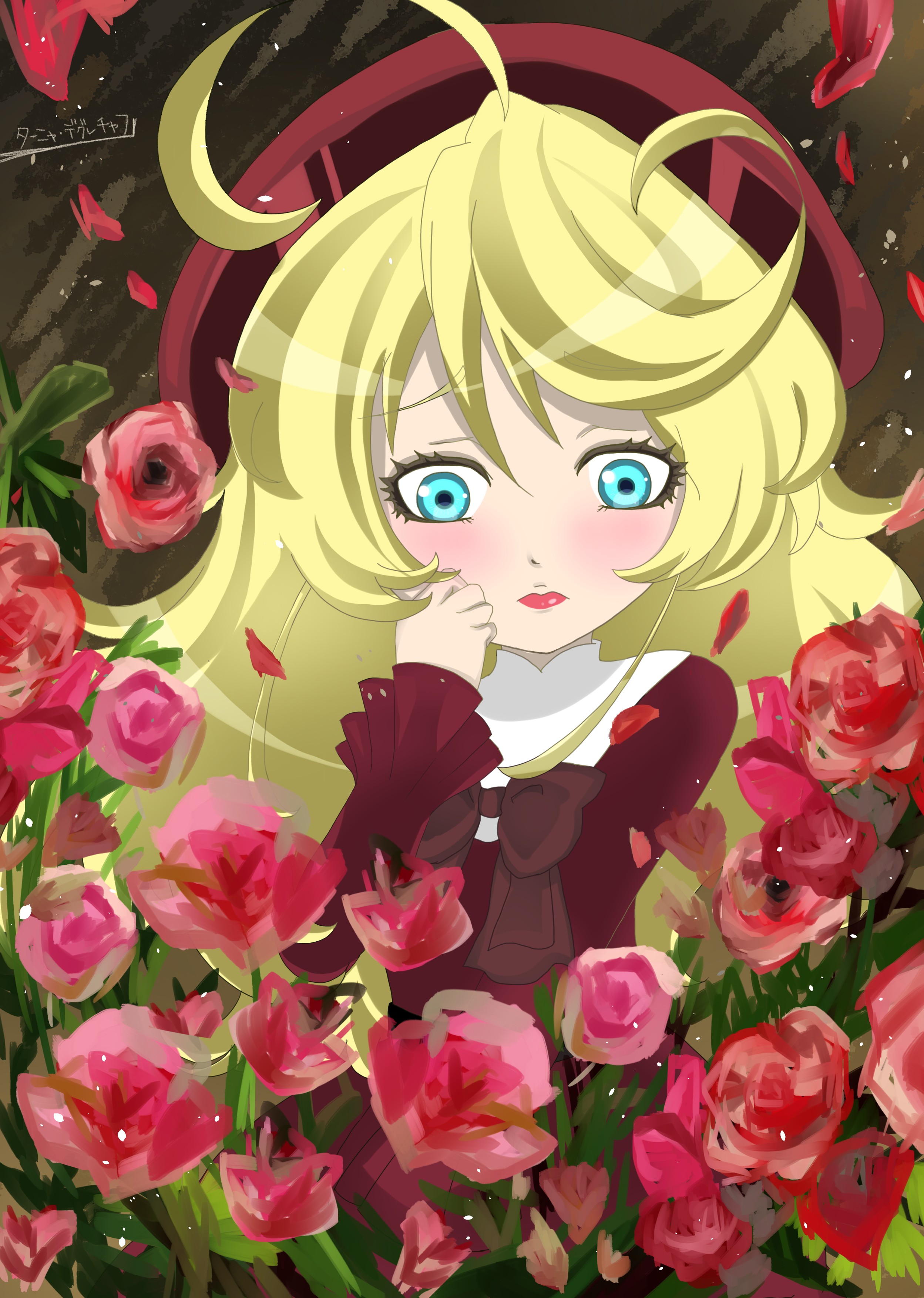 Tanya Degurechaff from Youjo Senki surrounded by roses HD Wallpaper