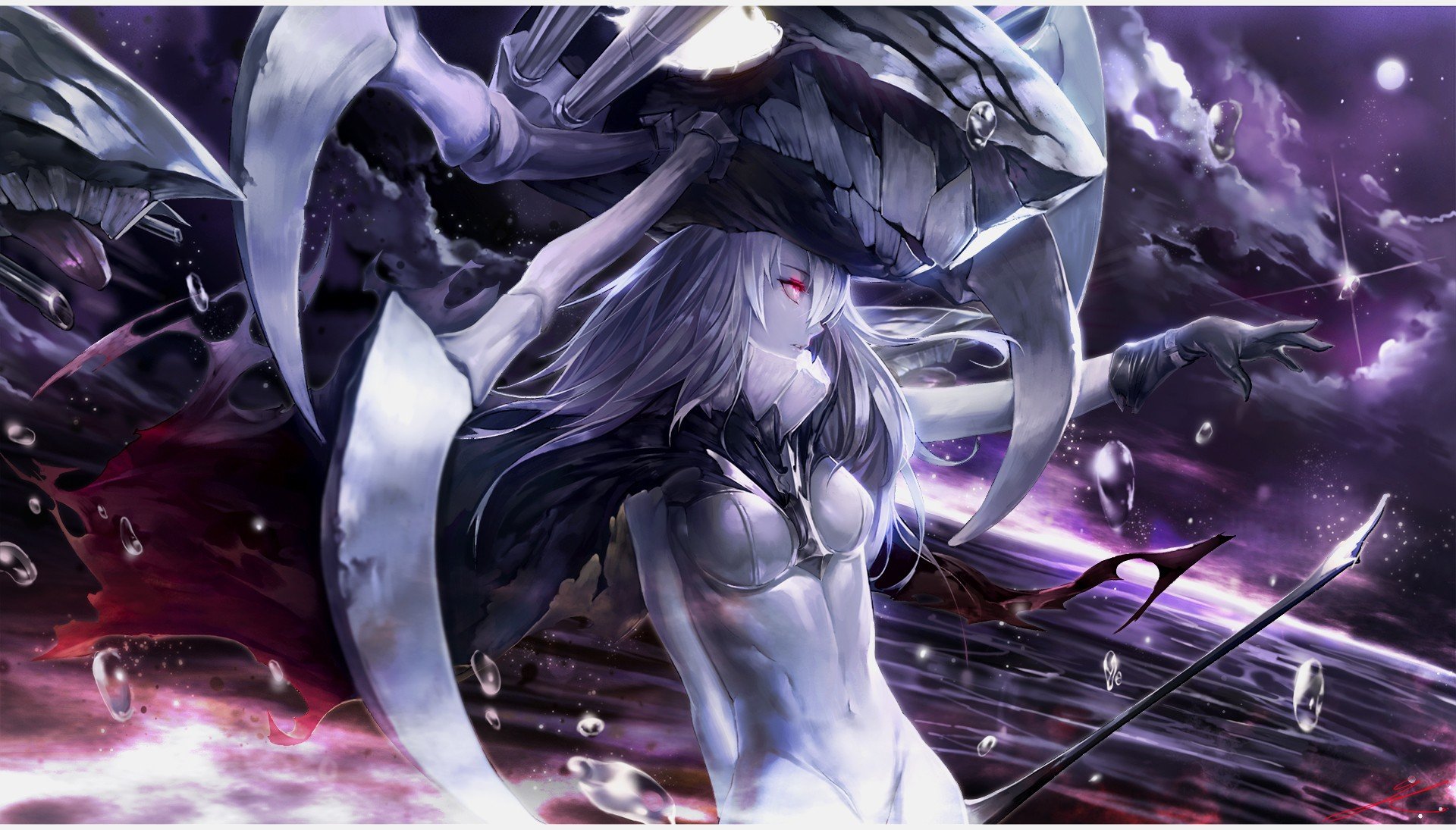 Anime girl with white hair and red eyes in space HD Wallpaper