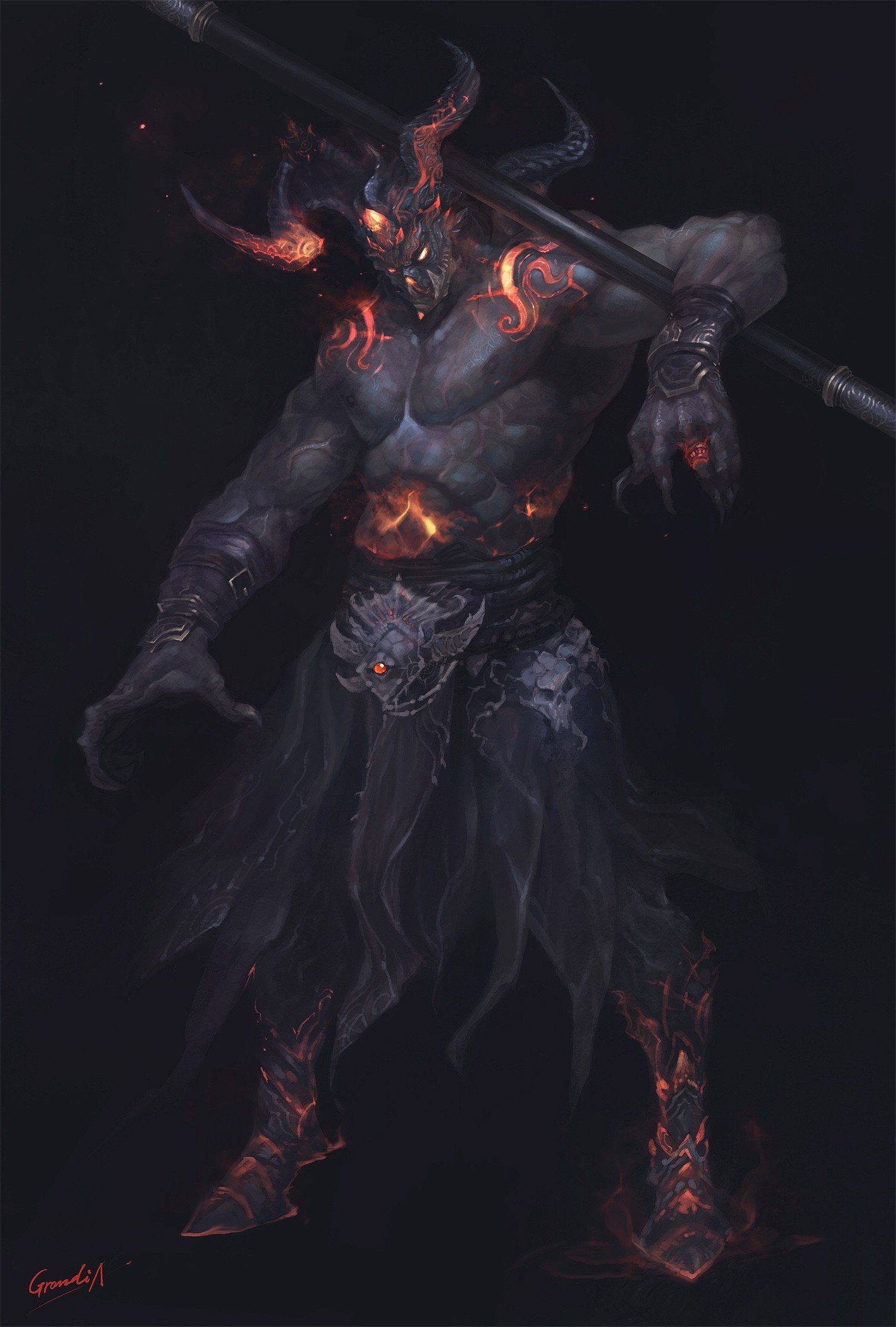 Demon with horns and fiery markings holding a staff HD Wallpaper