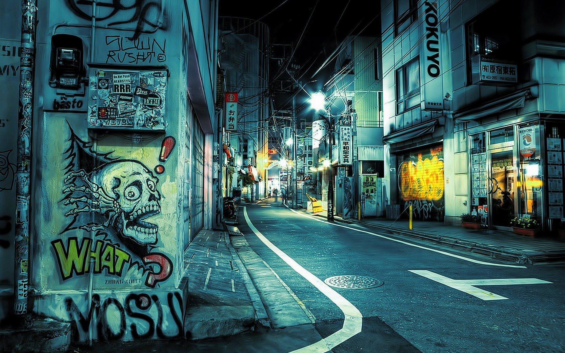 Graffiti-covered street in a Japanese city at night HD Wallpaper