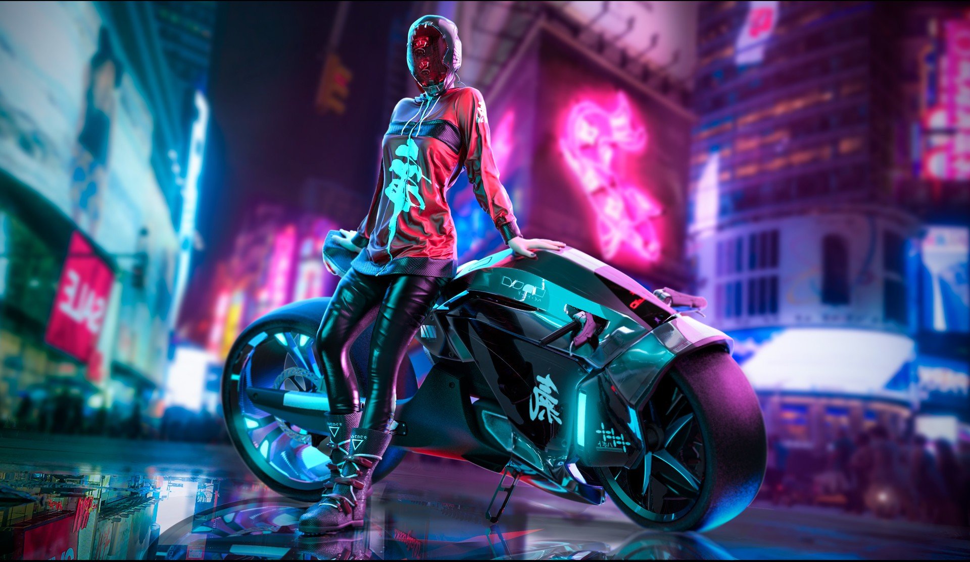 Cyberpunk woman with futuristic motorcycle in neon city HD Wallpaper