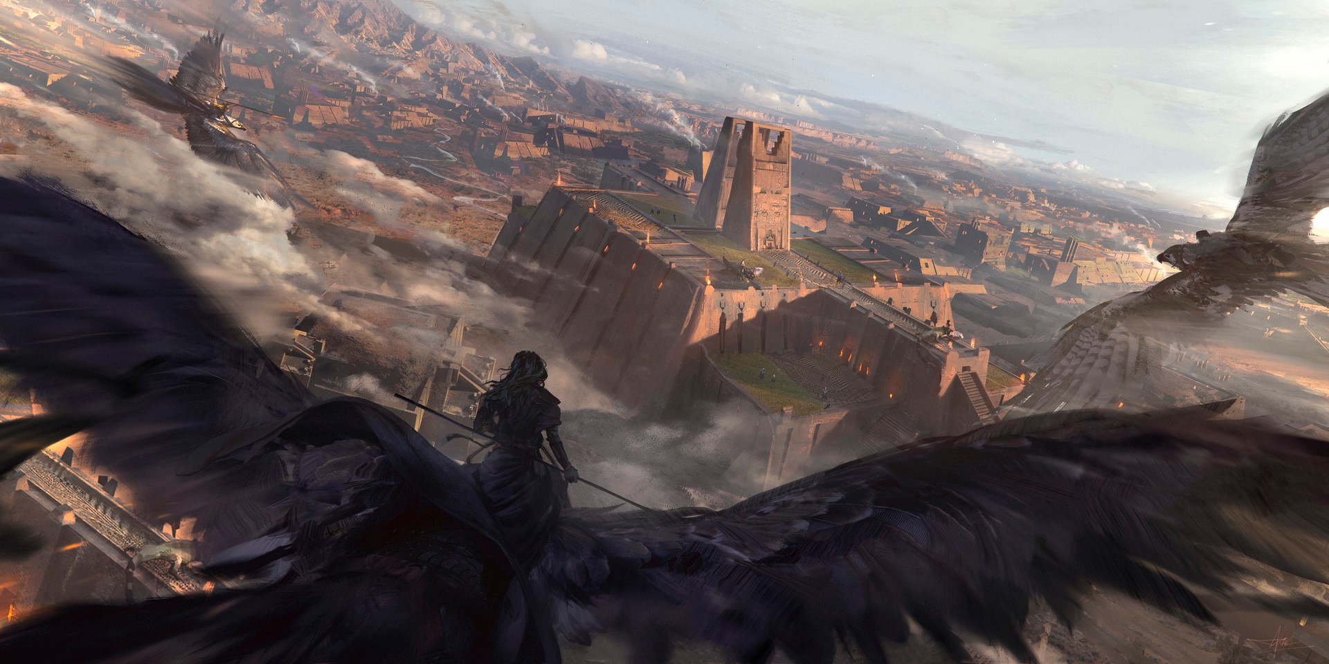 Fantasy city with flying creatures and rider HD Wallpaper