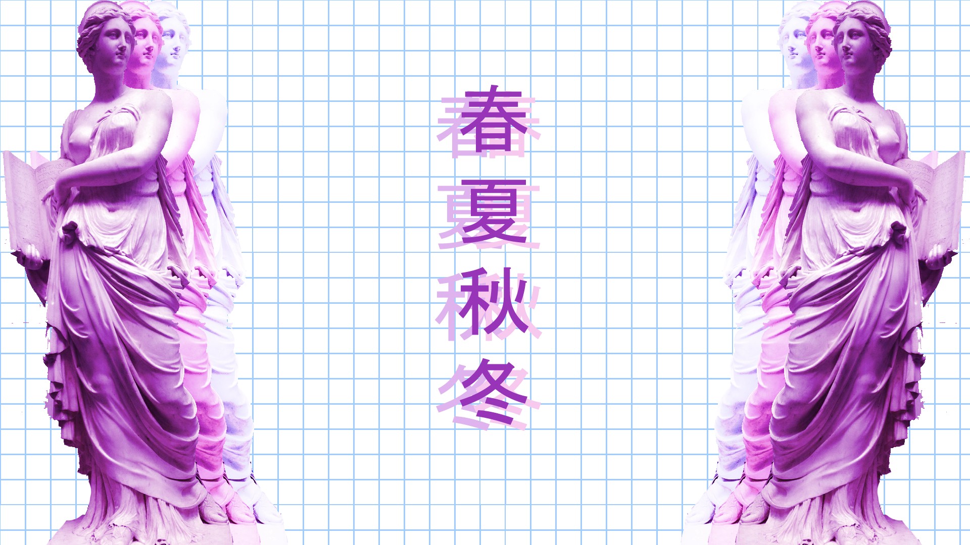 Statues with Japanese text on a grid background HD Wallpaper
