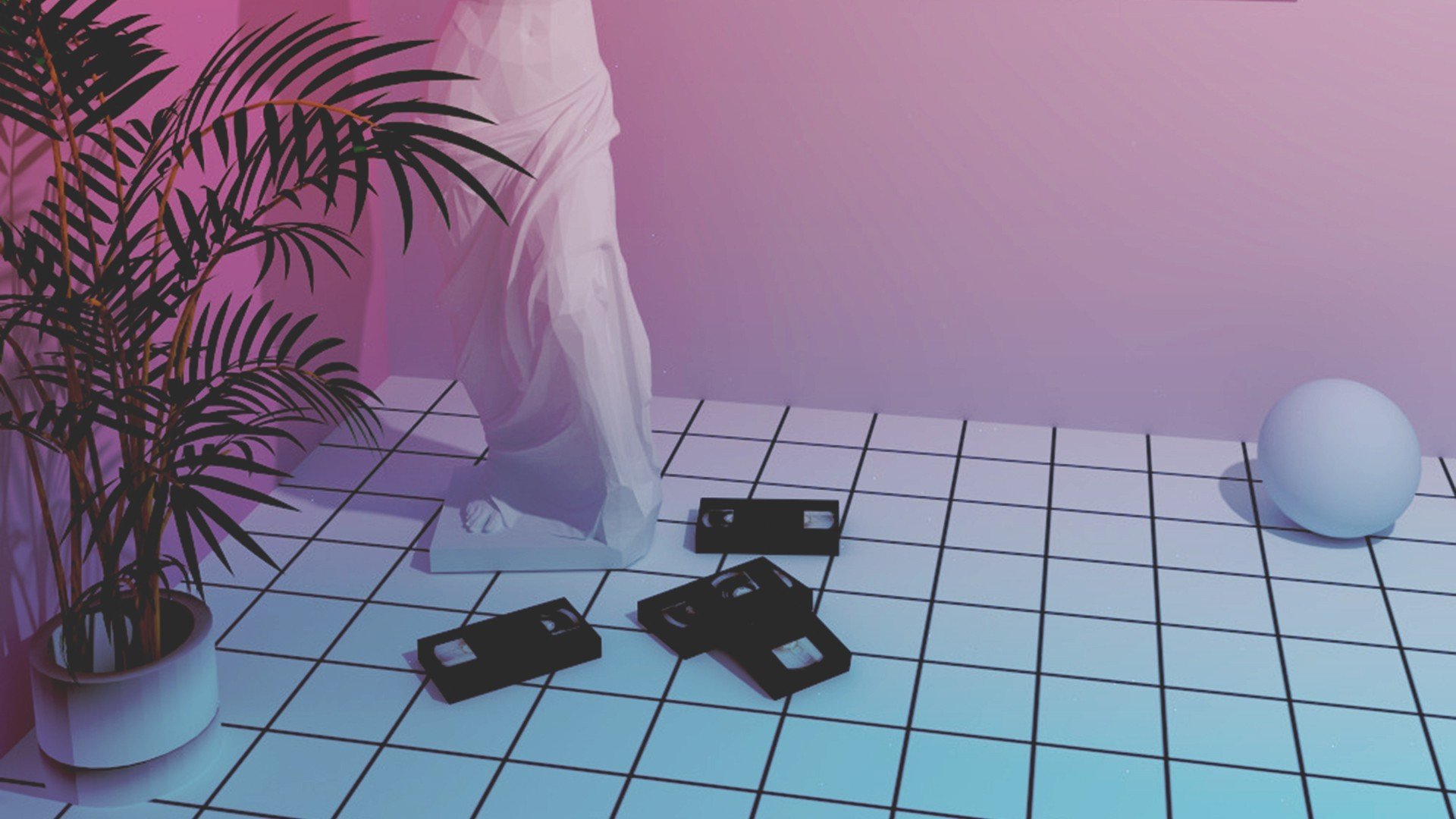 Vaporwave aesthetic with statue and VHS tapes HD Wallpaper