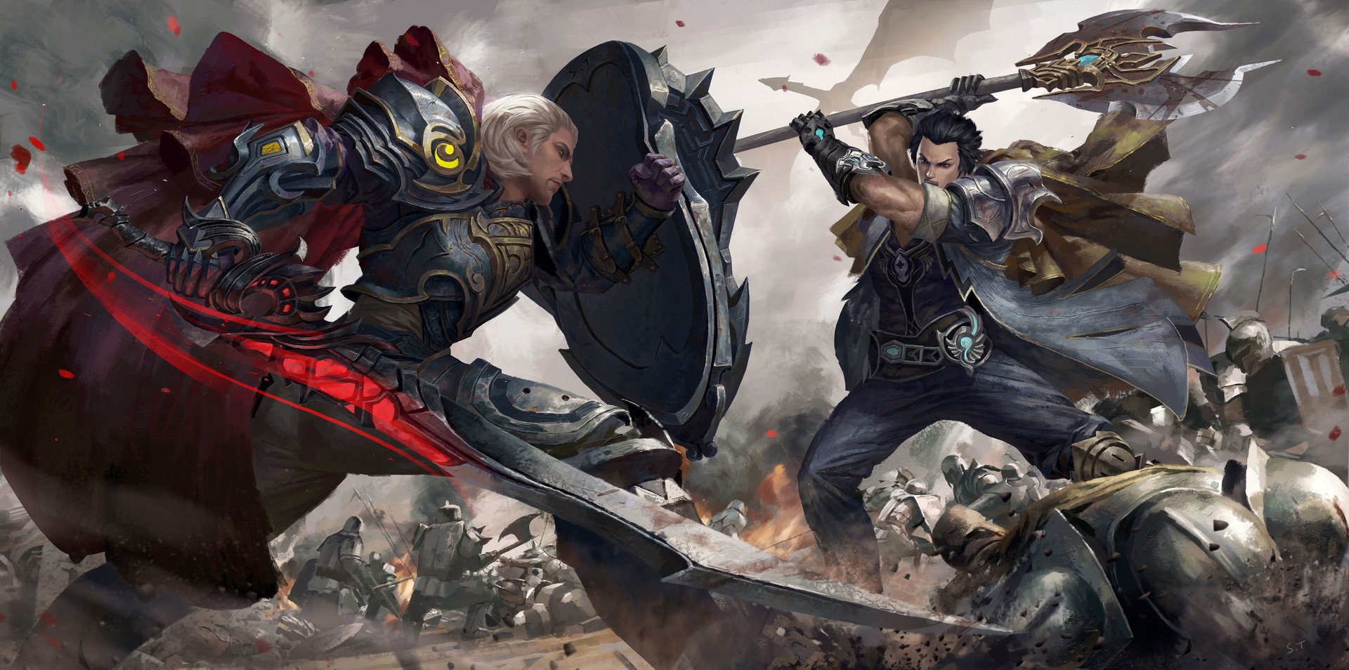 Fantasy warriors clashing with swords and shields HD Wallpaper