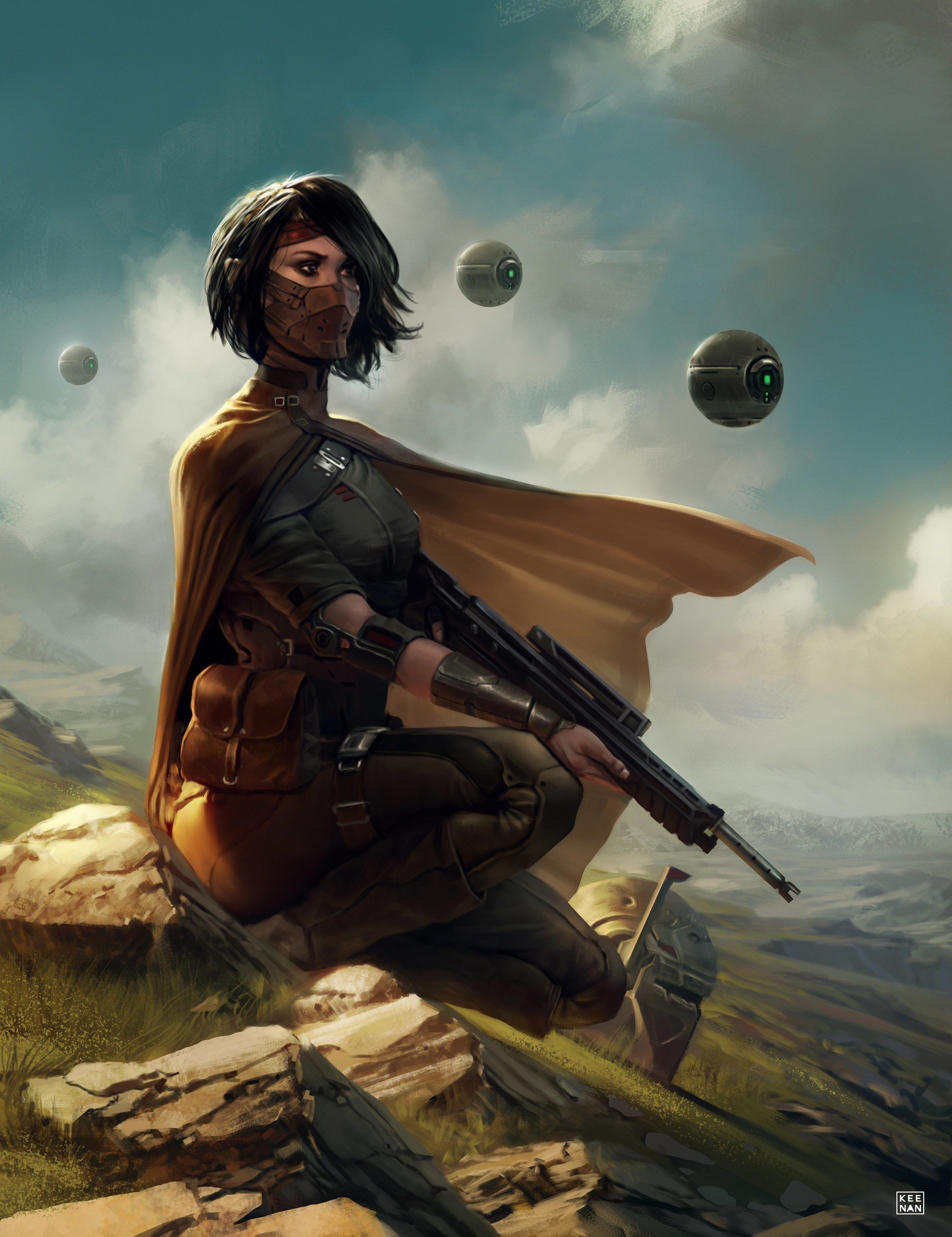 Woman with futuristic gun and drones in a landscape HD Wallpaper