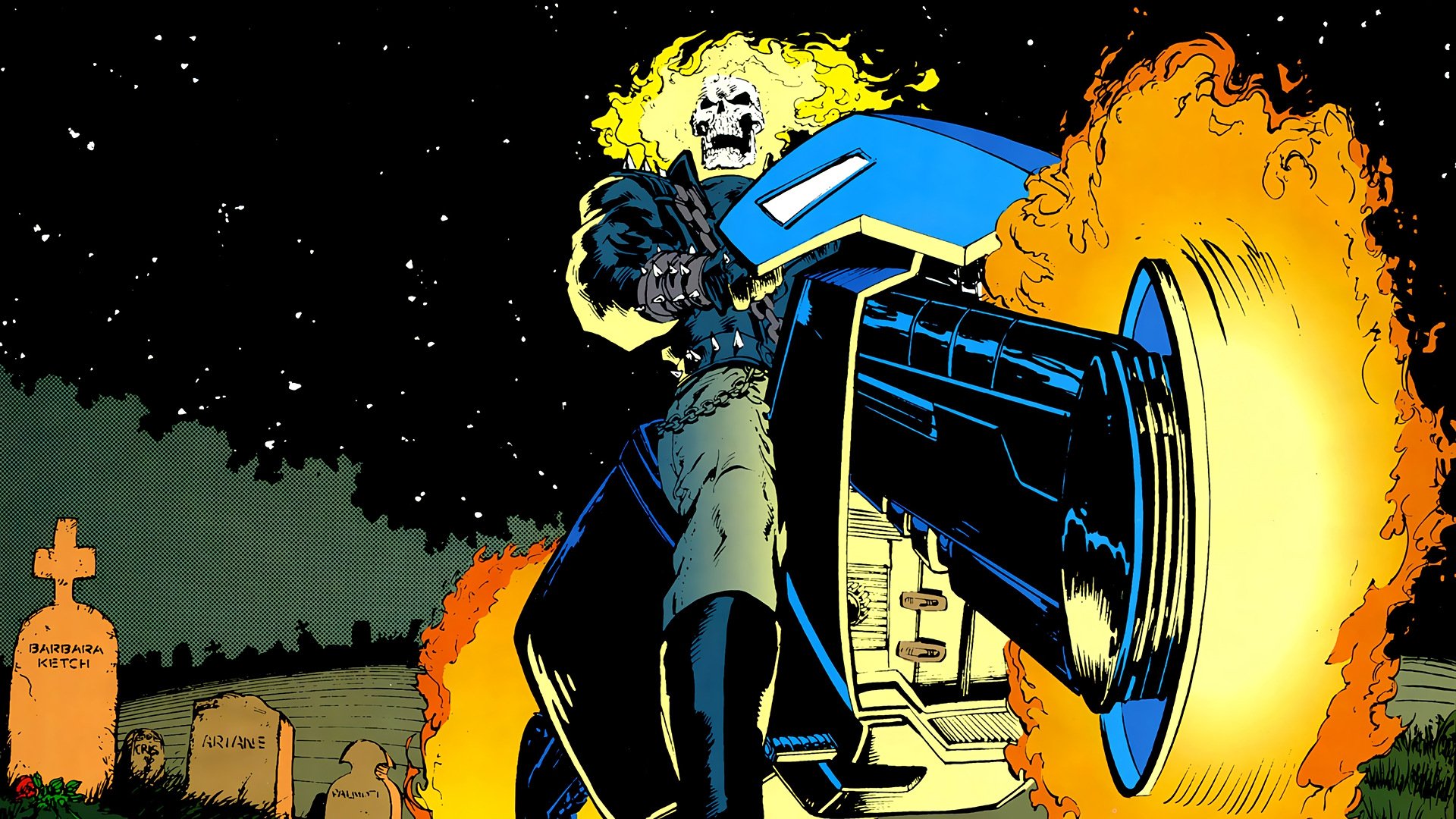 Ghost Rider on a flaming motorcycle in a graveyard HD Wallpaper