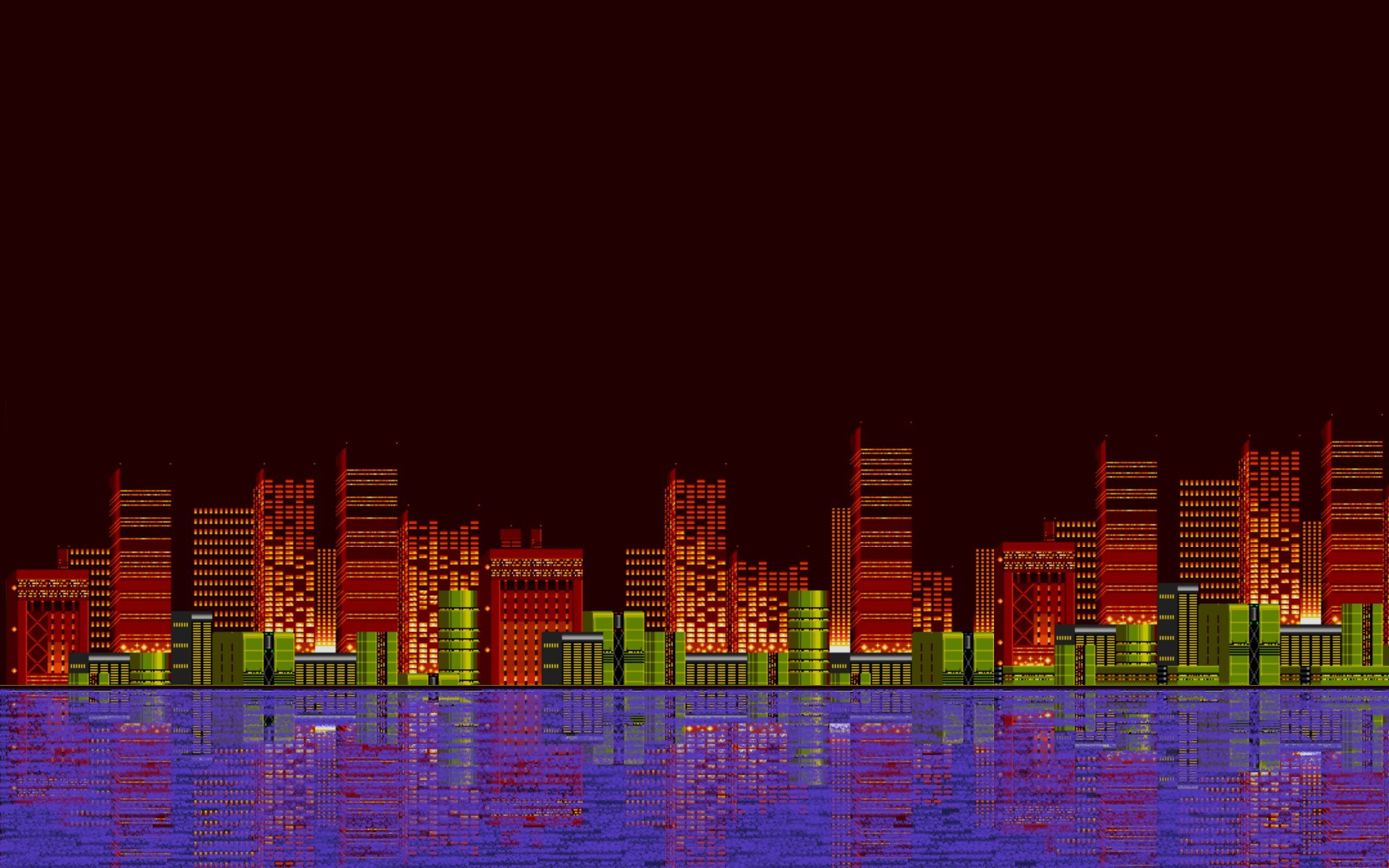 Pixel art city skyline with reflections HD Wallpaper
