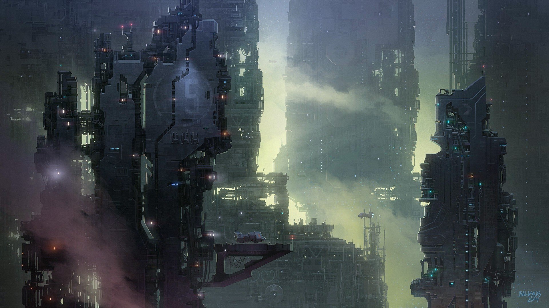 Cyberpunk city with towering futuristic structures HD Wallpaper