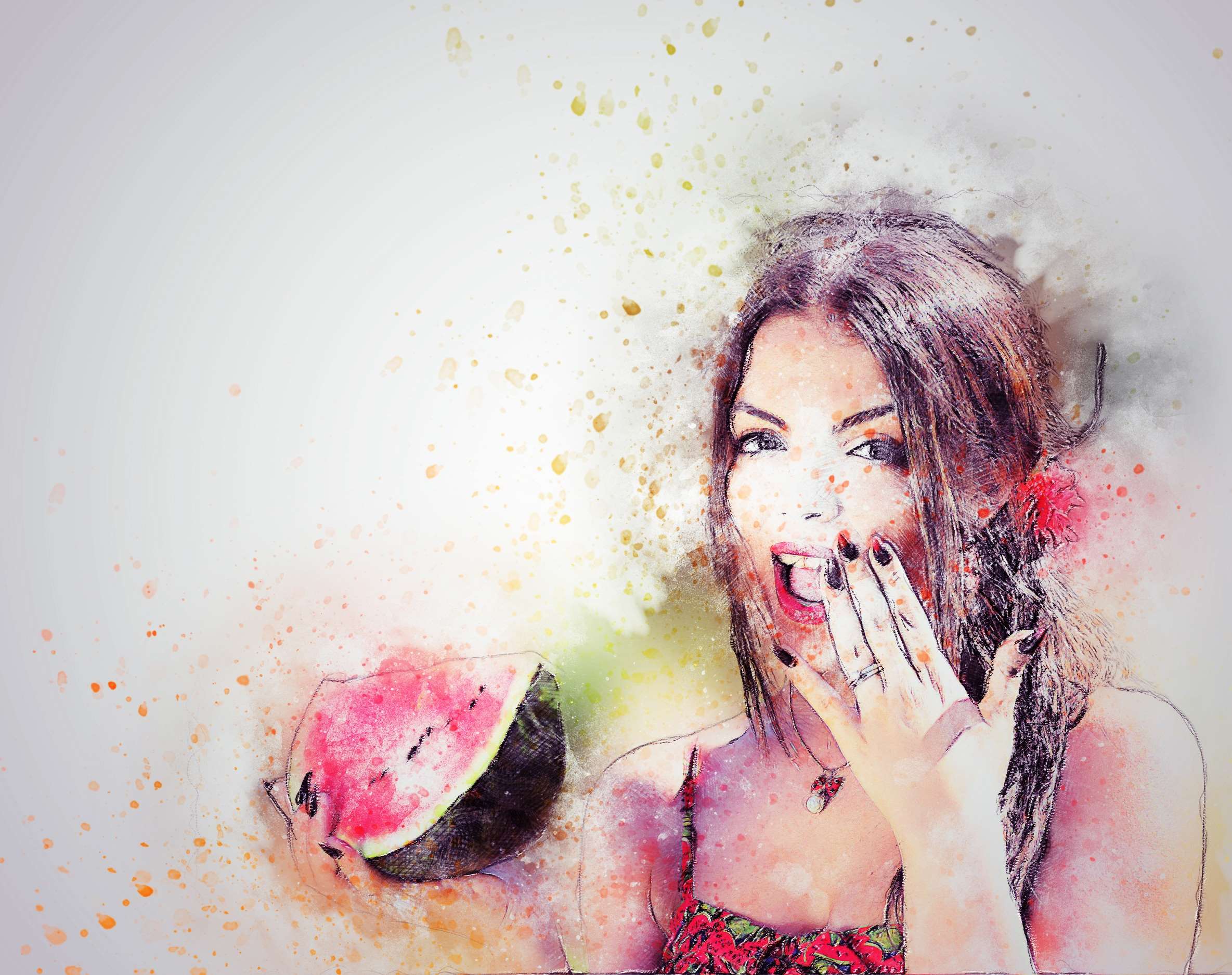 Woman with watermelon slice, watercolor style HD Wallpaper