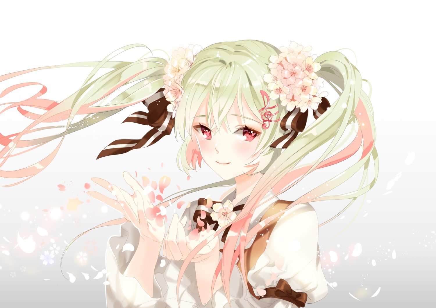 Anime girl with pigtails and flowers HD Wallpaper