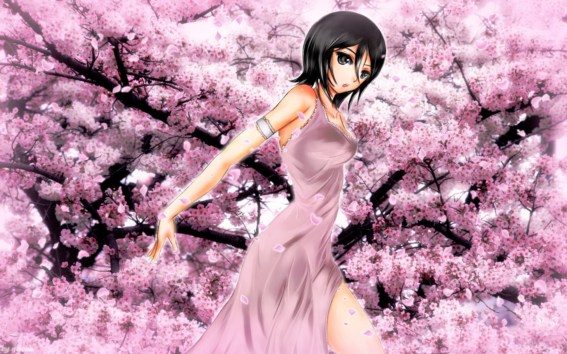 Anime girl in a pink dress among cherry blossoms HD Wallpaper