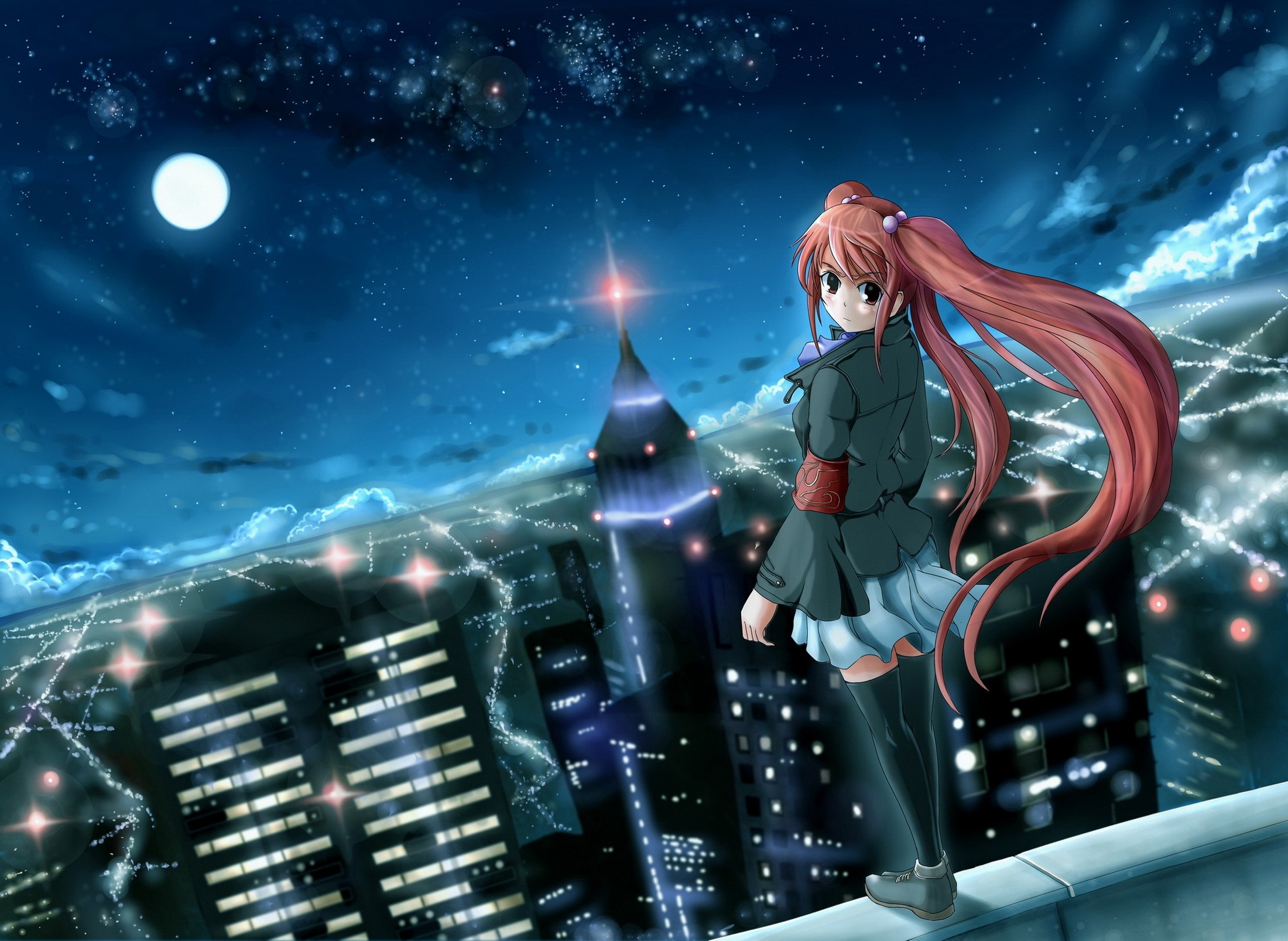 Anime girl on a rooftop overlooking a city at night HD Wallpaper