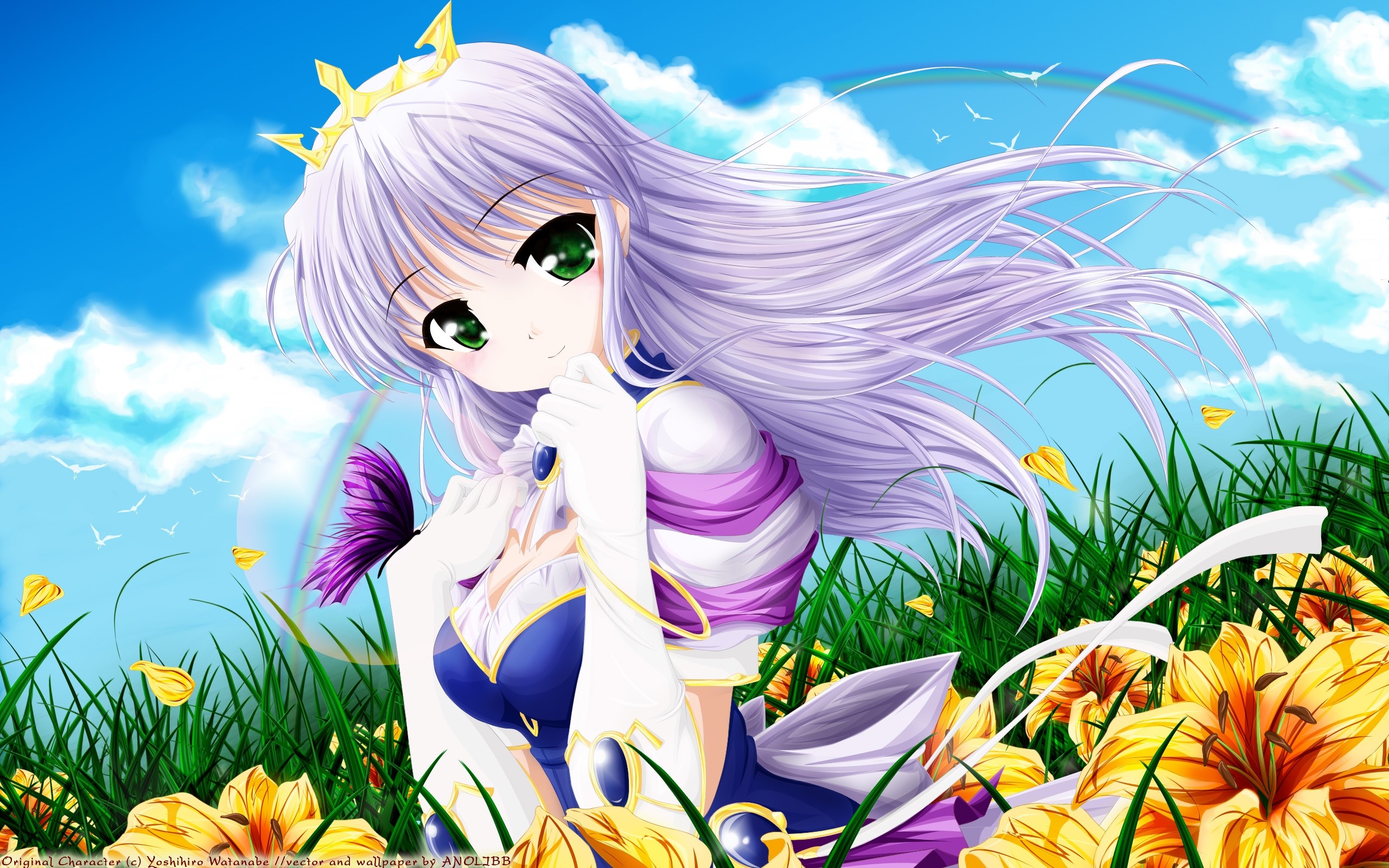 Anime Girl with Purple Hair and Crown in Flower Meadow HD Wallpaper