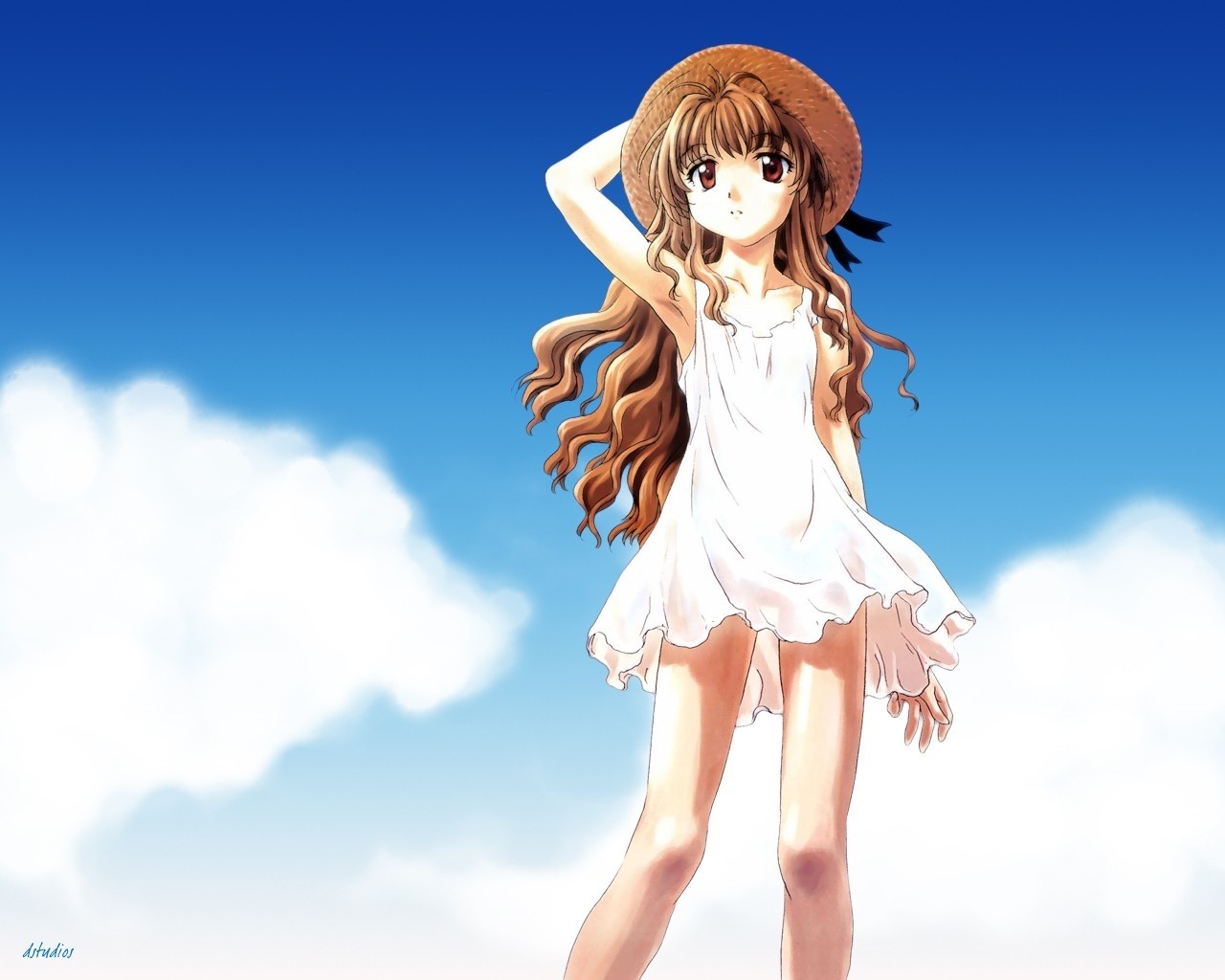 Girl in white dress and straw hat under blue sky HD Wallpaper