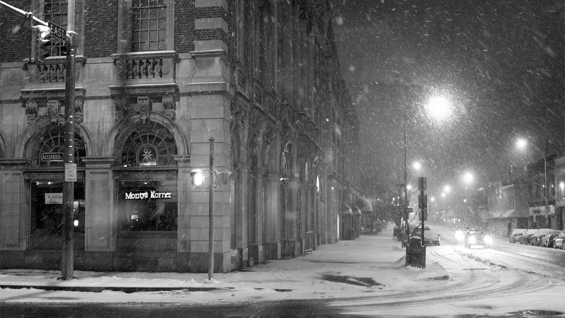 Snowy City Street at Night HD Wallpaper