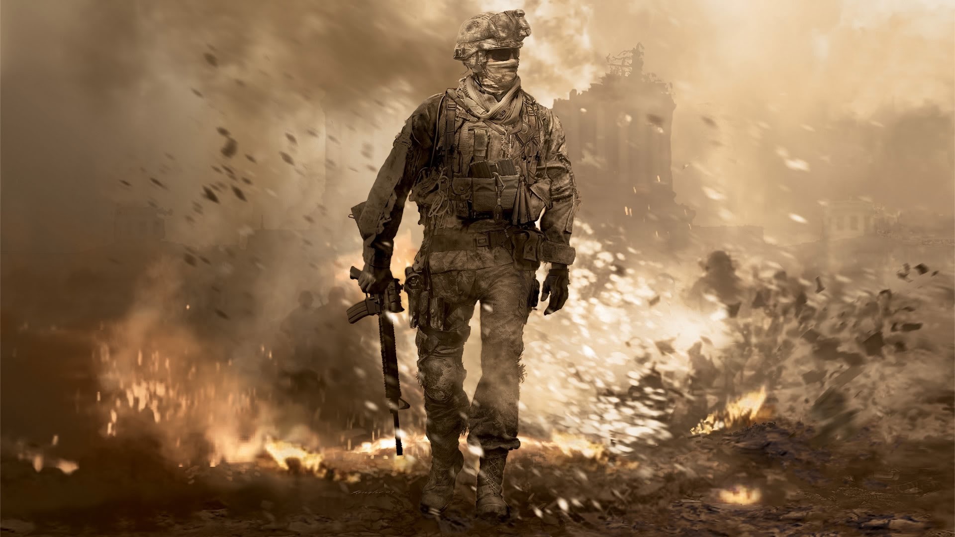 Soldier with Gun in Explosion - Call of Duty HD Wallpaper