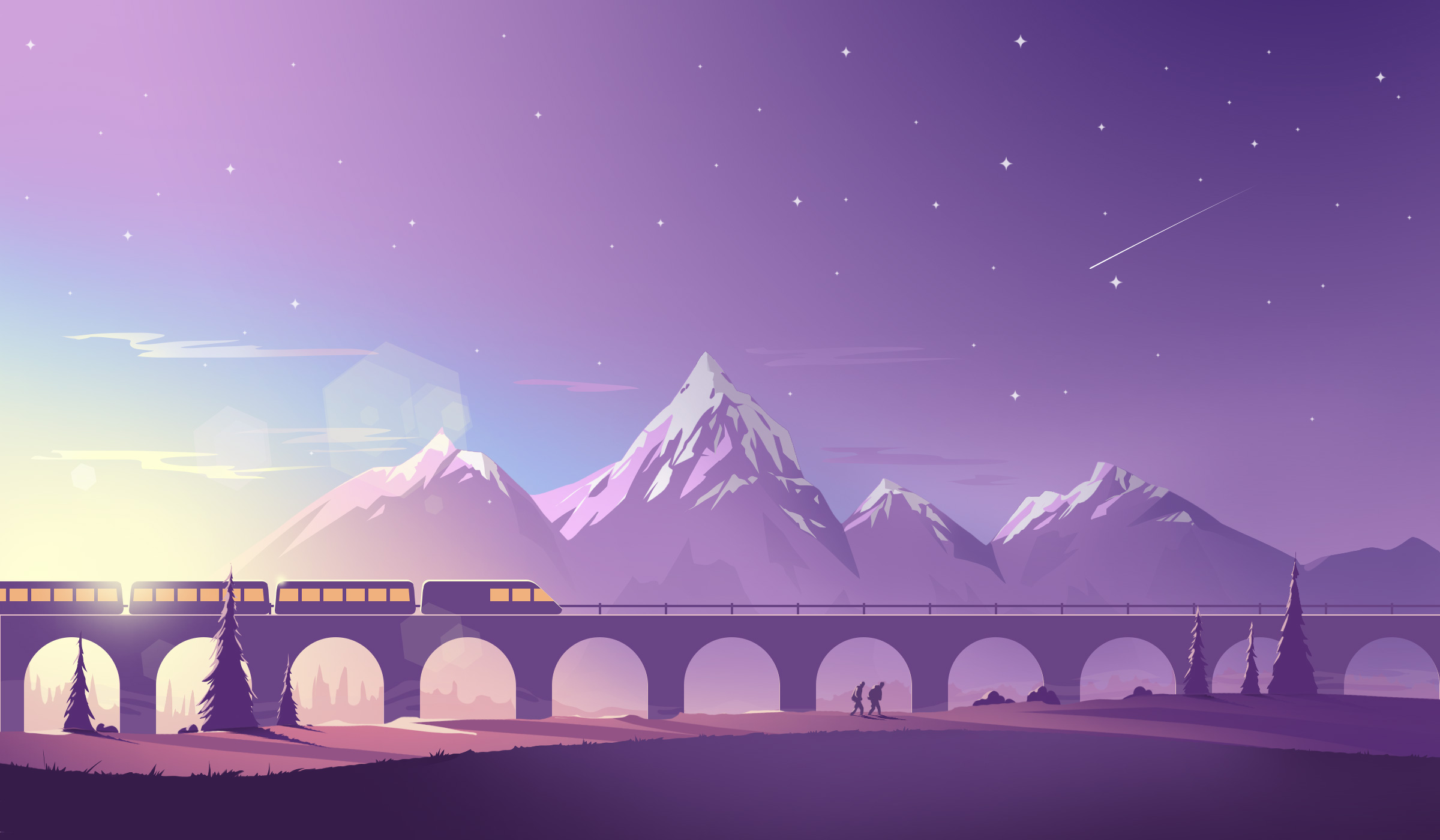 Minimalist train crossing a bridge with mountains at sunset HD Wallpaper