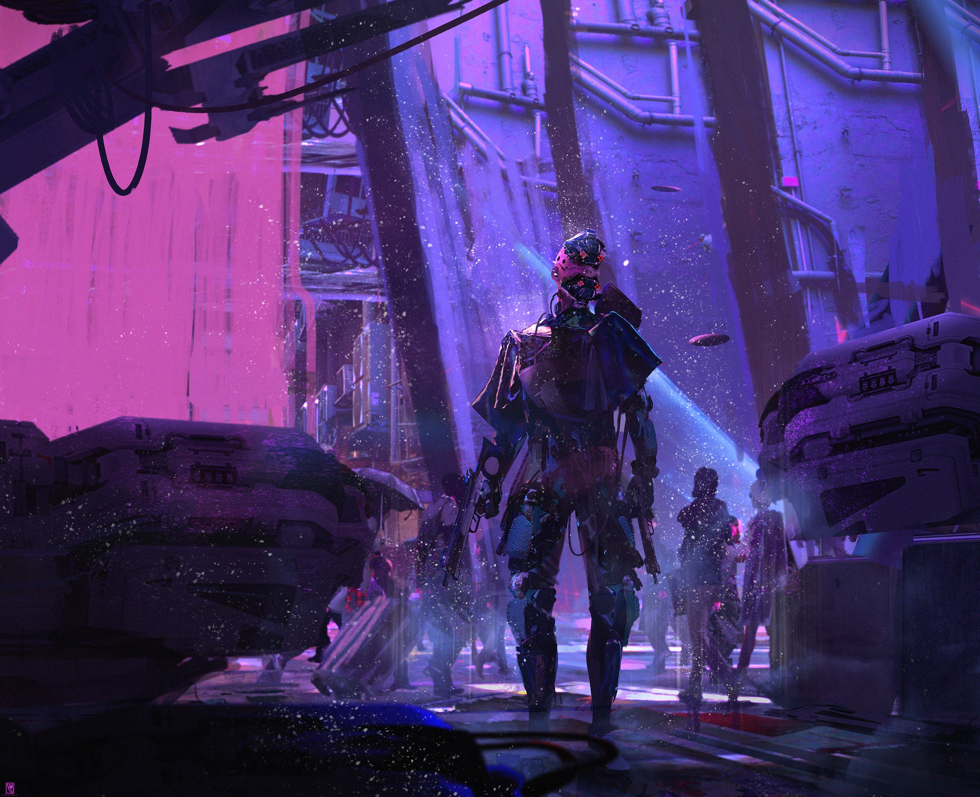 Cyberpunk scene with robots and people in neon city HD Wallpaper