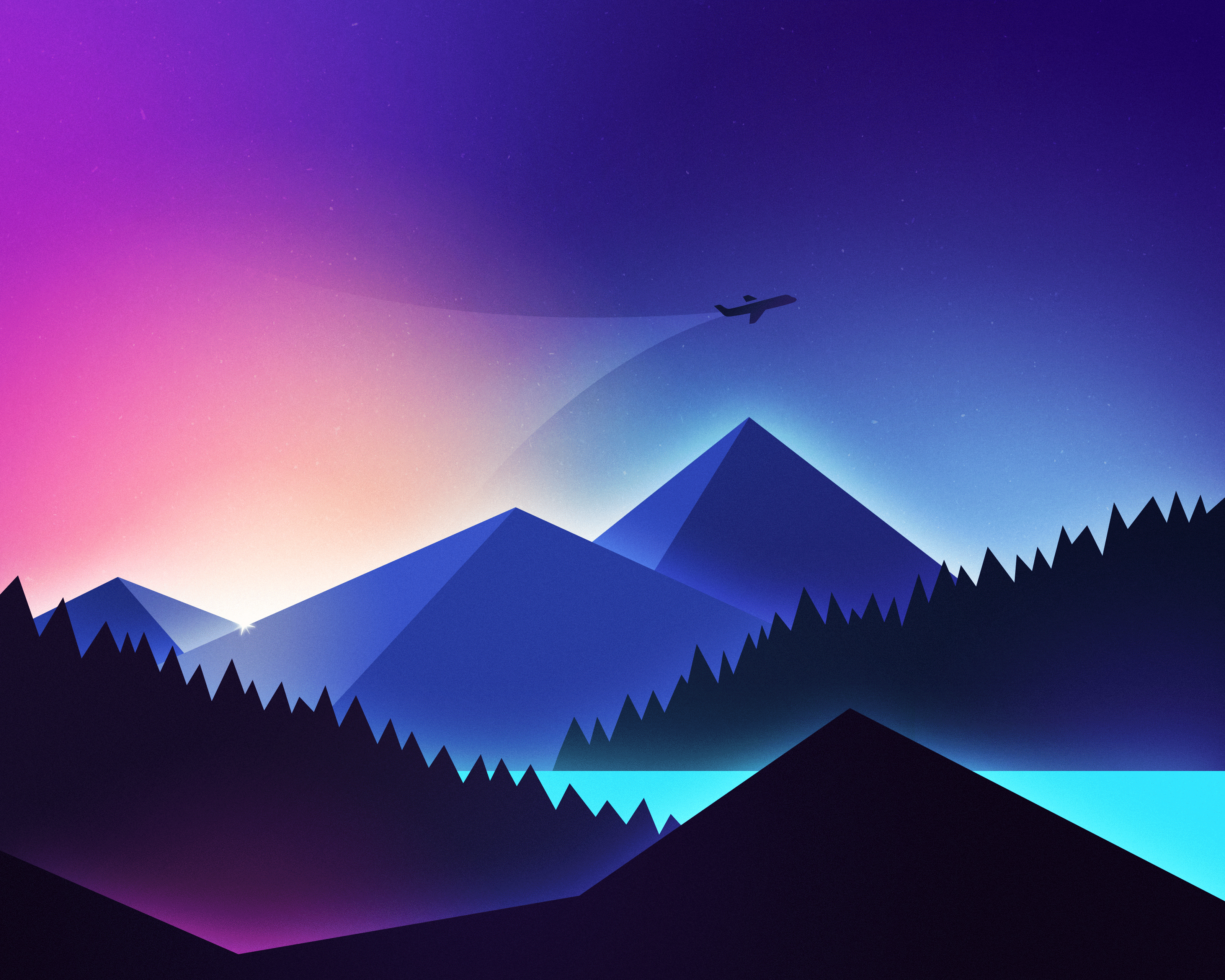 Minimalist digital art of a plane flying over mountains HD Wallpaper