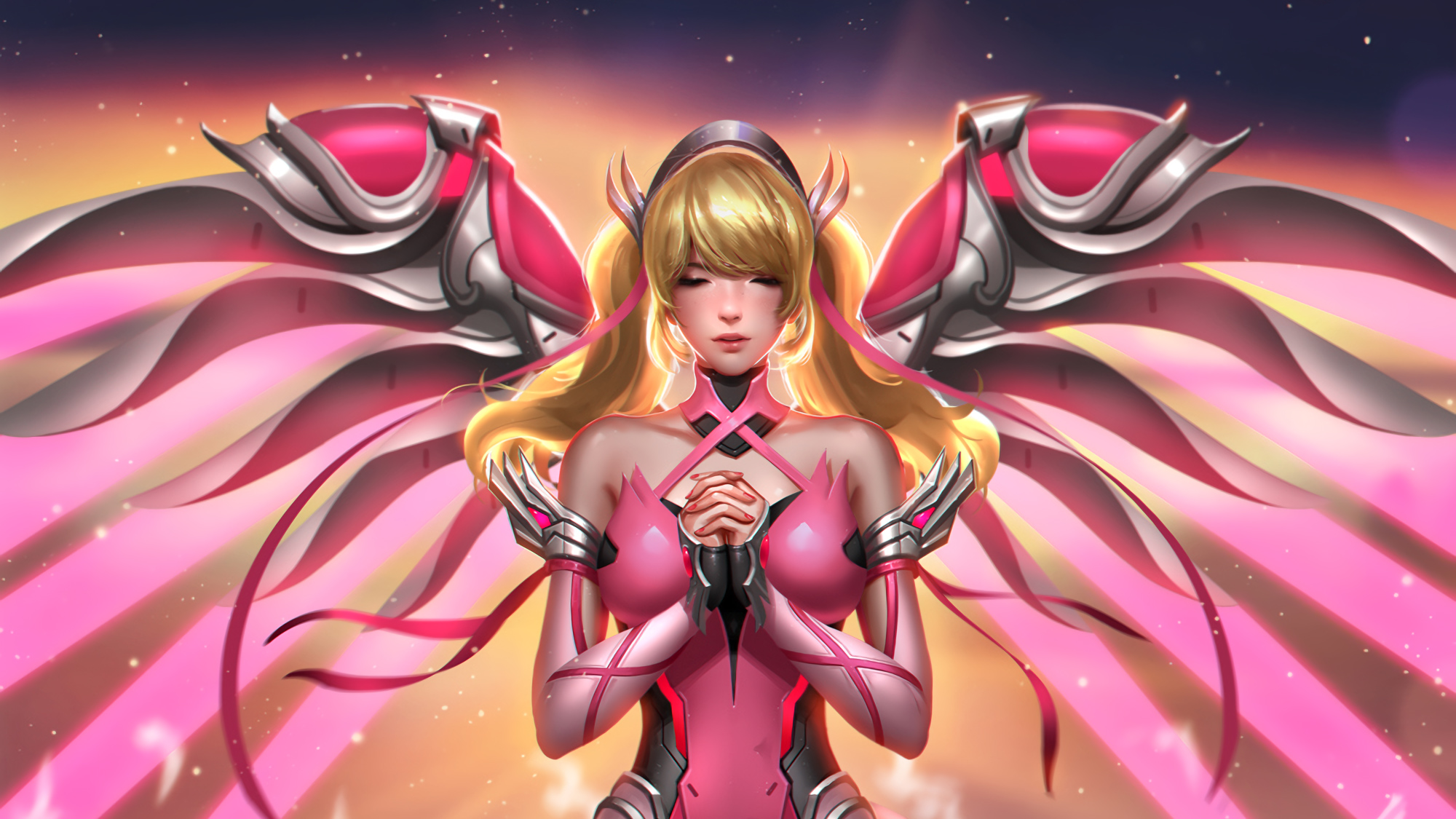 Mercy from Overwatch with pink wings HD Wallpaper