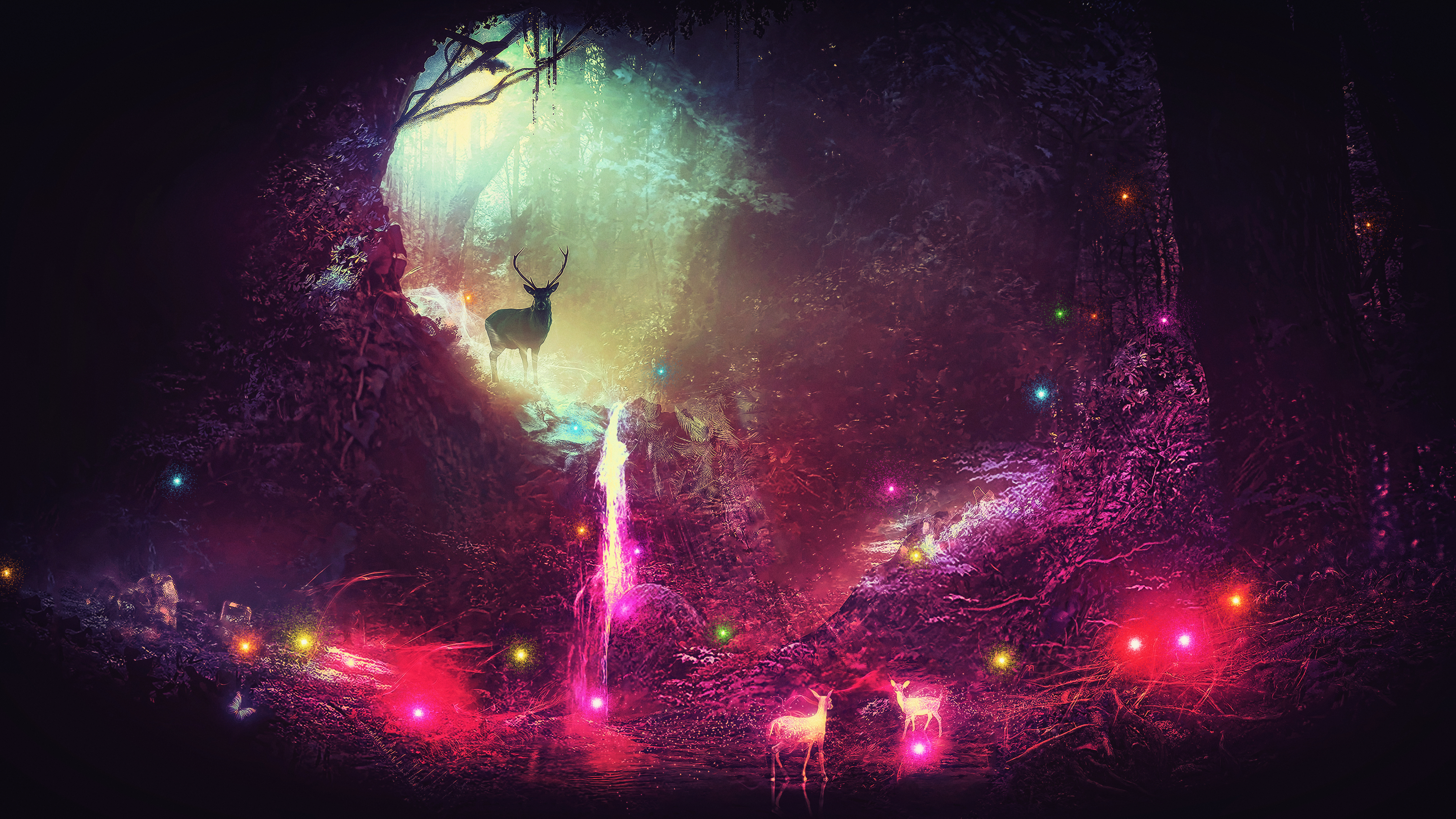 Fantasy forest with deer and glowing lights HD Wallpaper