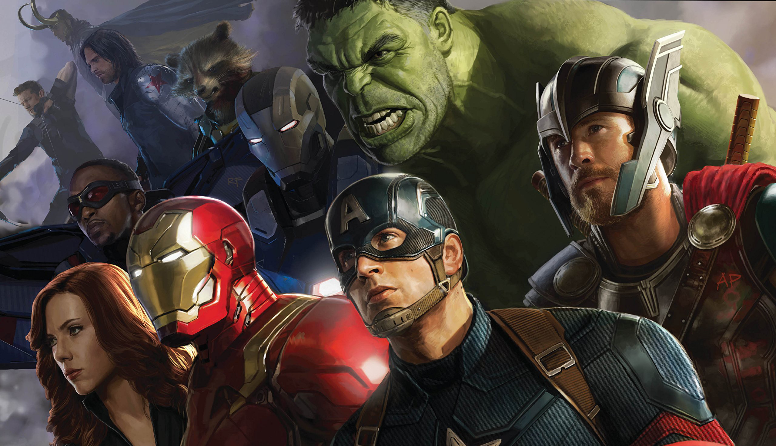 Avengers: Infinity War artwork featuring Iron Man, Captain America, Thor, Hulk, Black Widow, Falcon, Winter Soldier, Rocket, and Loki HD Wallpaper