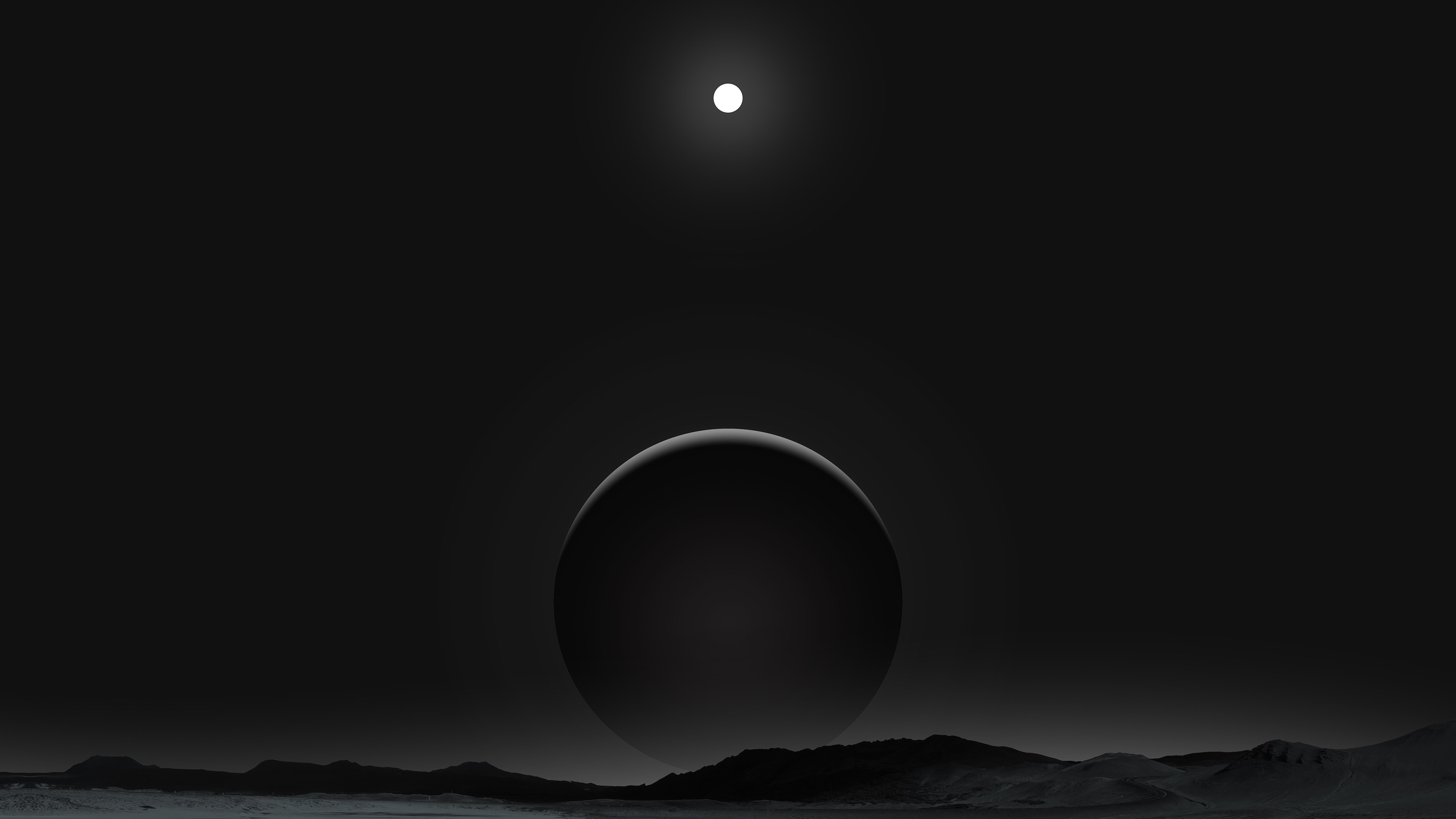 Dark planet with moon over rocky terrain HD Wallpaper