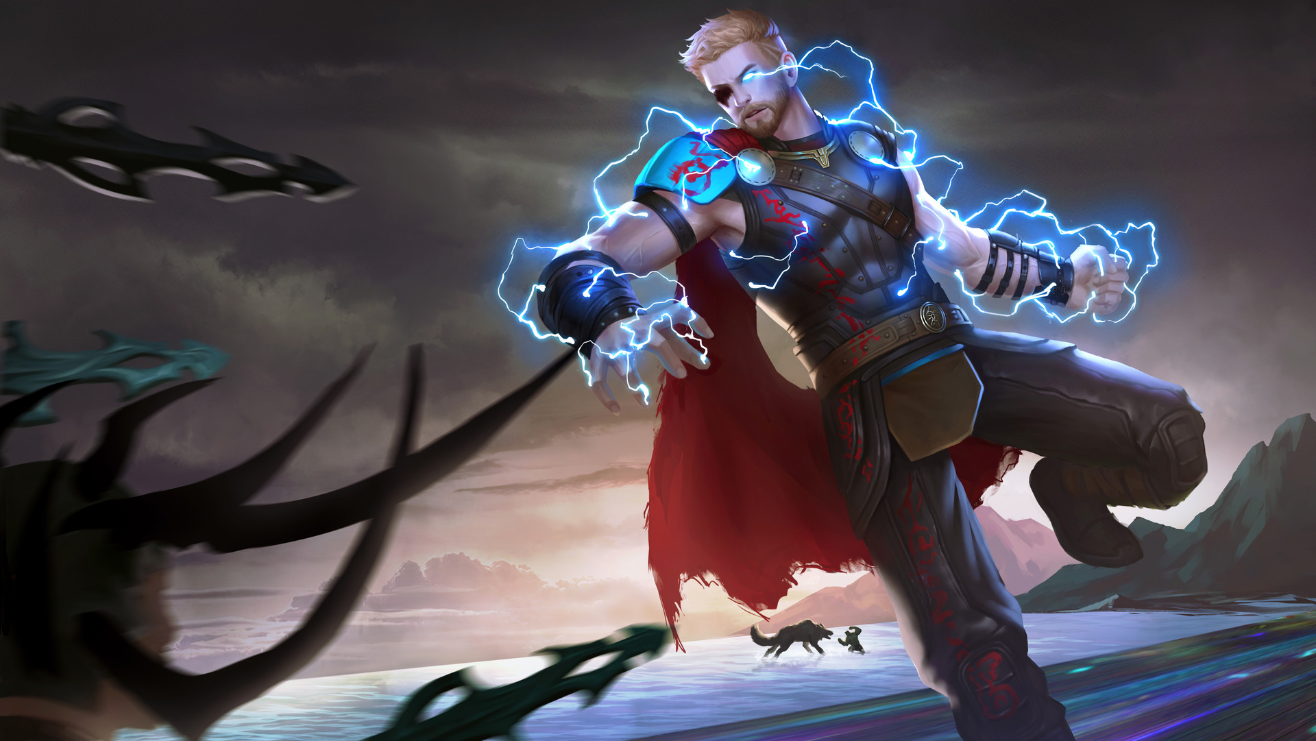 Thor with lightning powers fighting monsters HD Wallpaper
