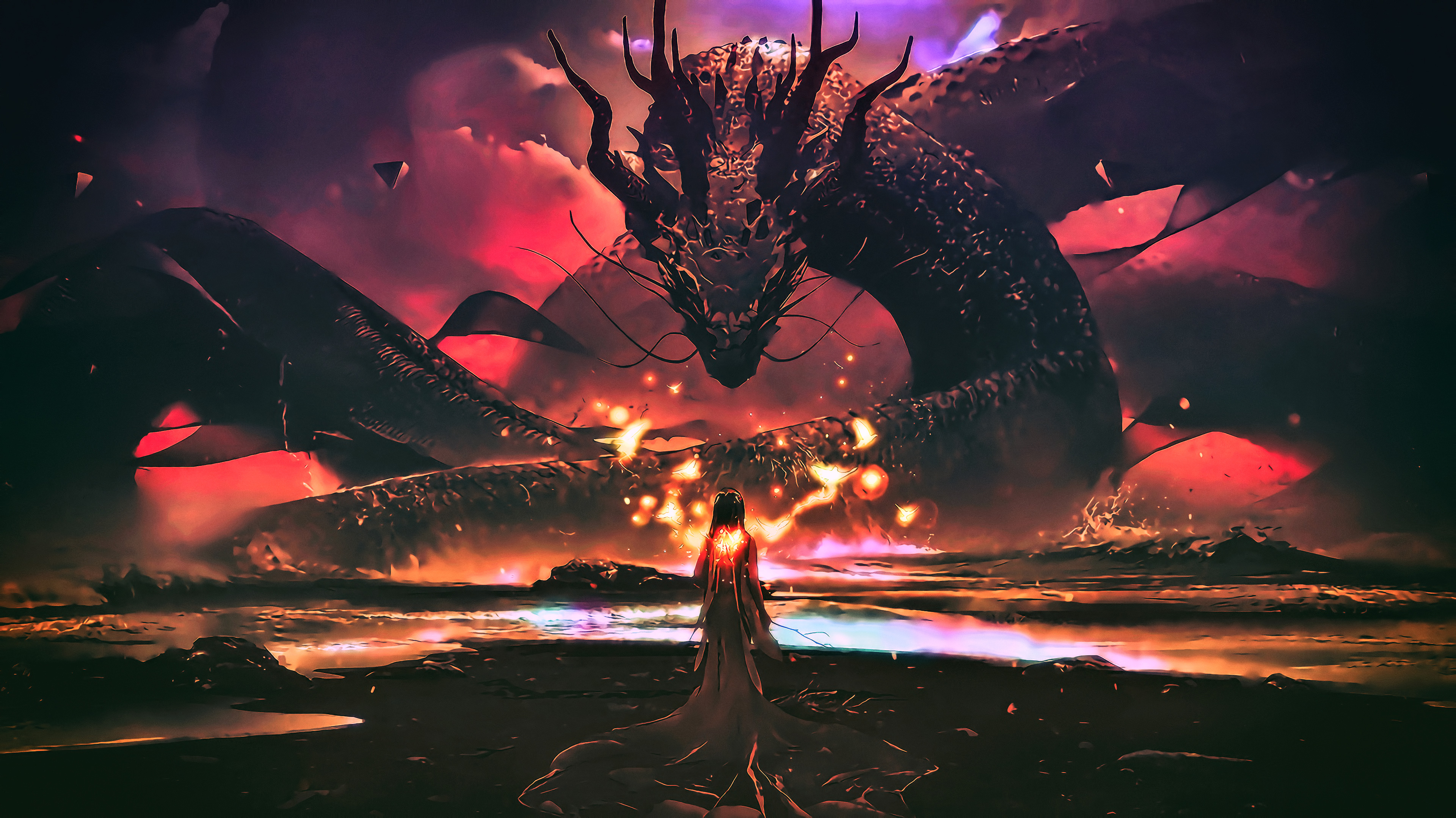 Dragon and woman in fantasy digital art HD Wallpaper