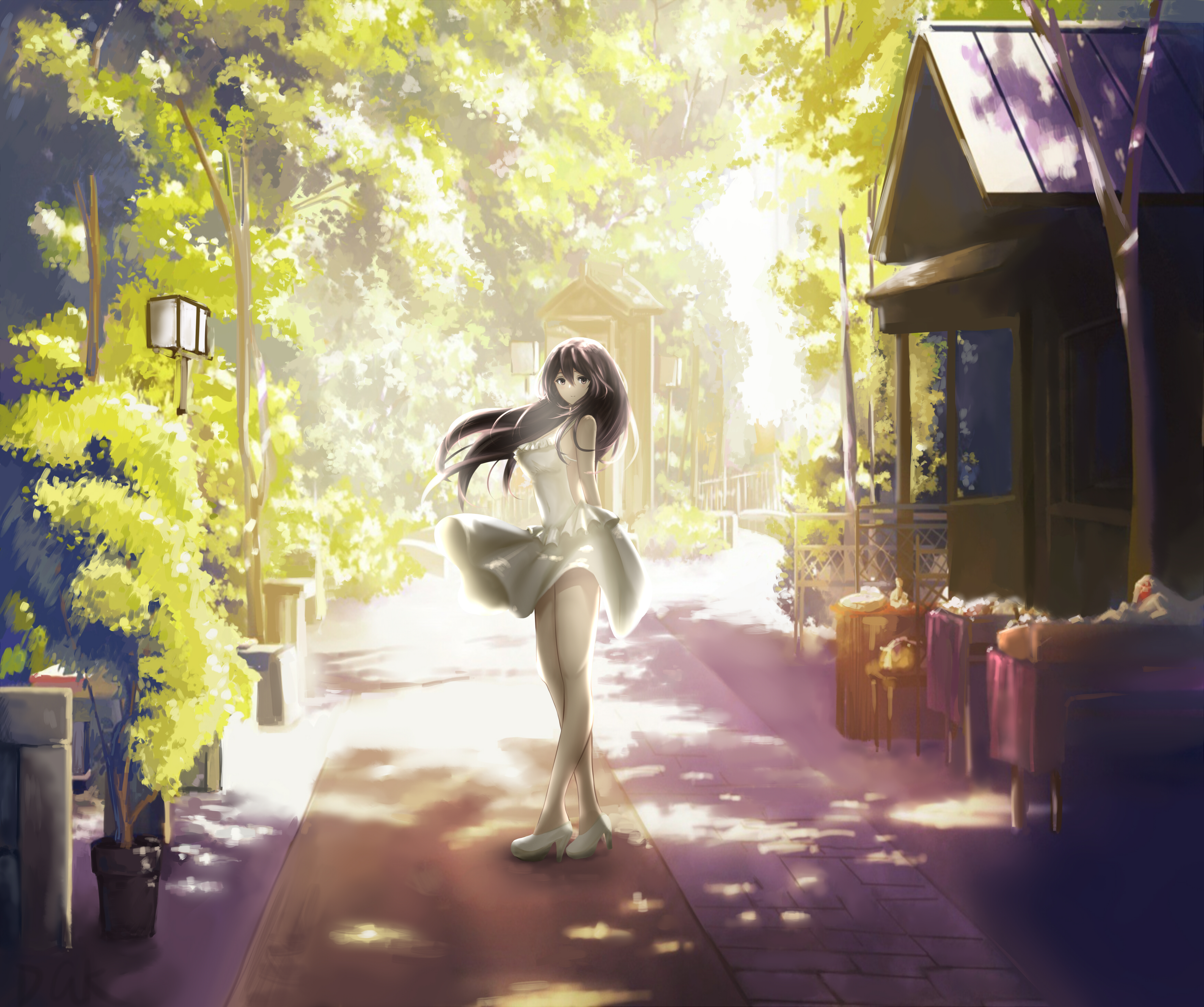 Anime girl in a white dress in a sunlit park HD Wallpaper