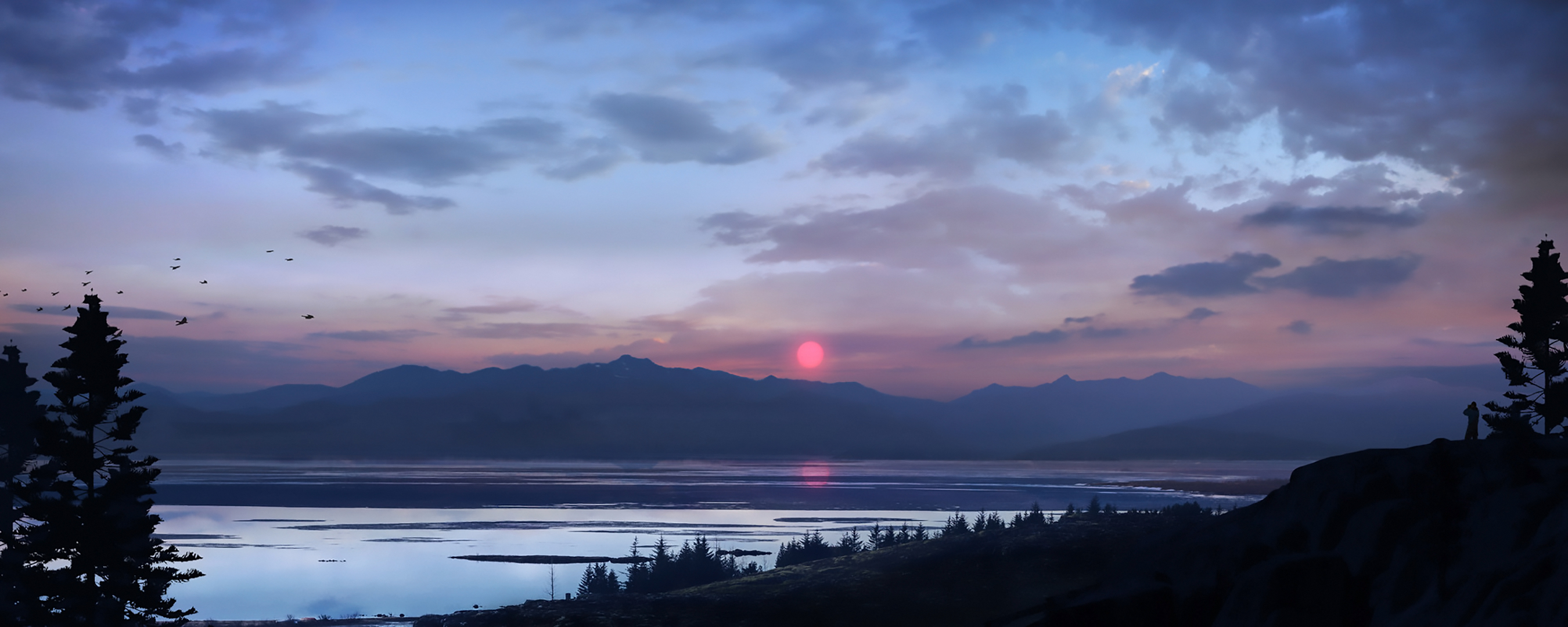 Digital art landscape of mountains at sunset with birds HD Wallpaper