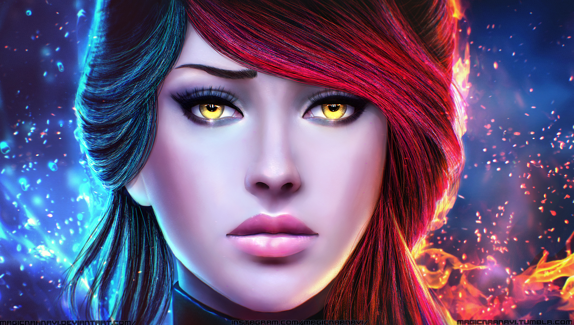 Fantasy girl with fire and ice elements HD Wallpaper