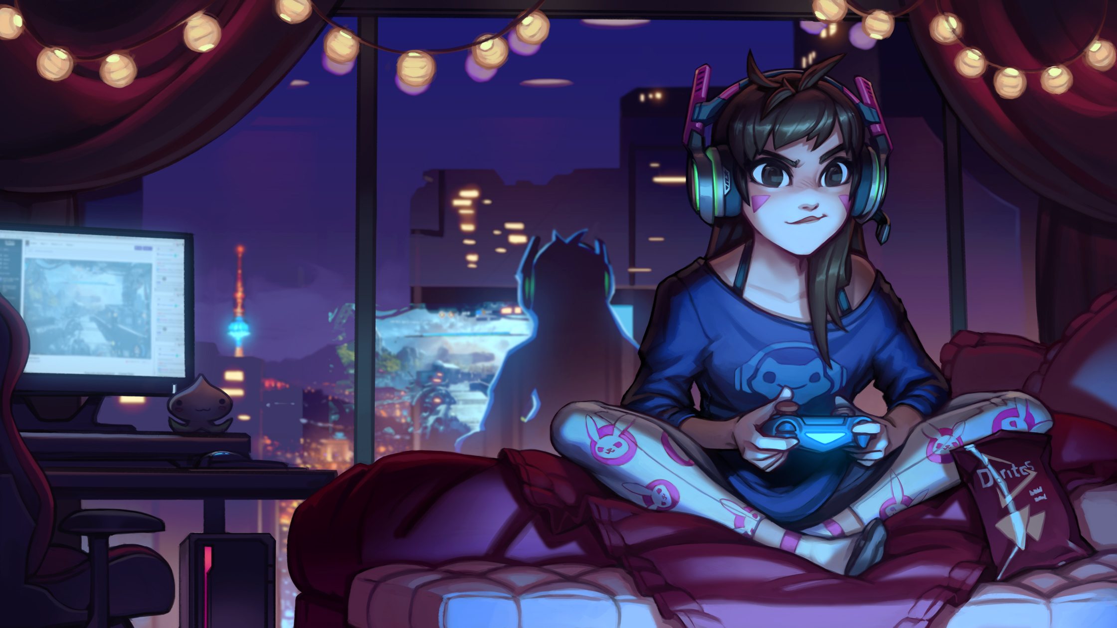 D.Va from Overwatch playing video games at night HD Wallpaper