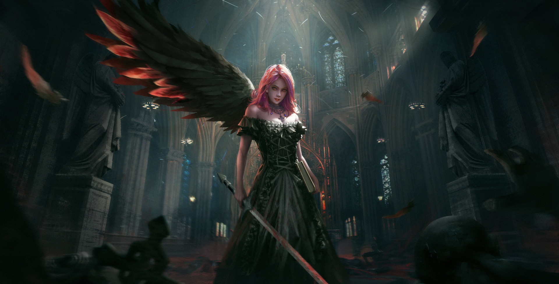 Angel with pink hair in a dark cathedral holding a sword HD Wallpaper