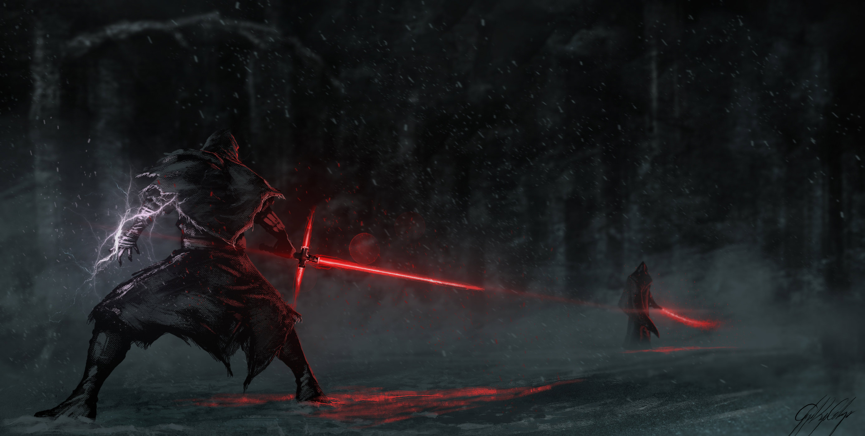 Kylo Ren and another figure with lightsabers in a snowy forest HD Wallpaper