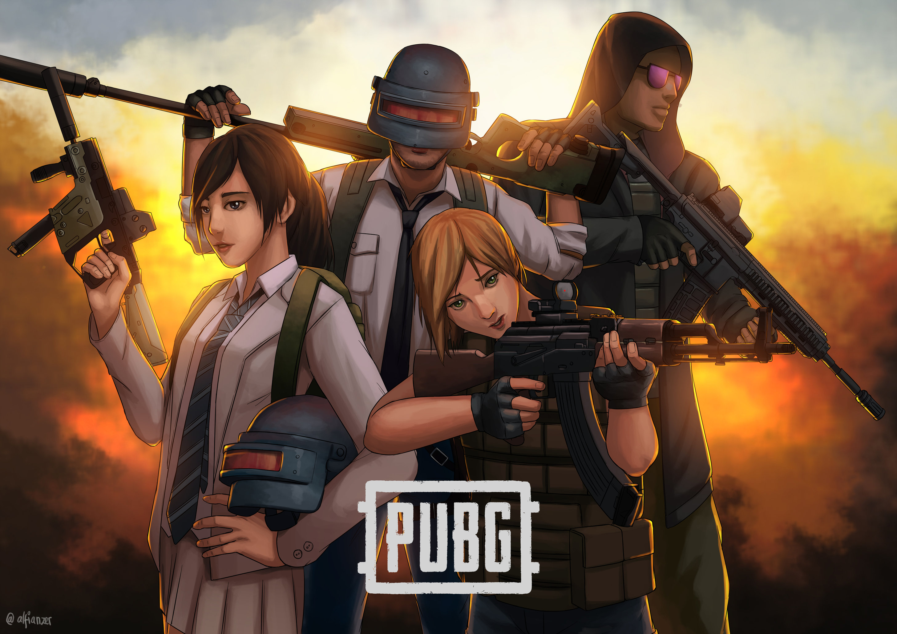 PUBG characters with weapons and PUBG logo HD Wallpaper