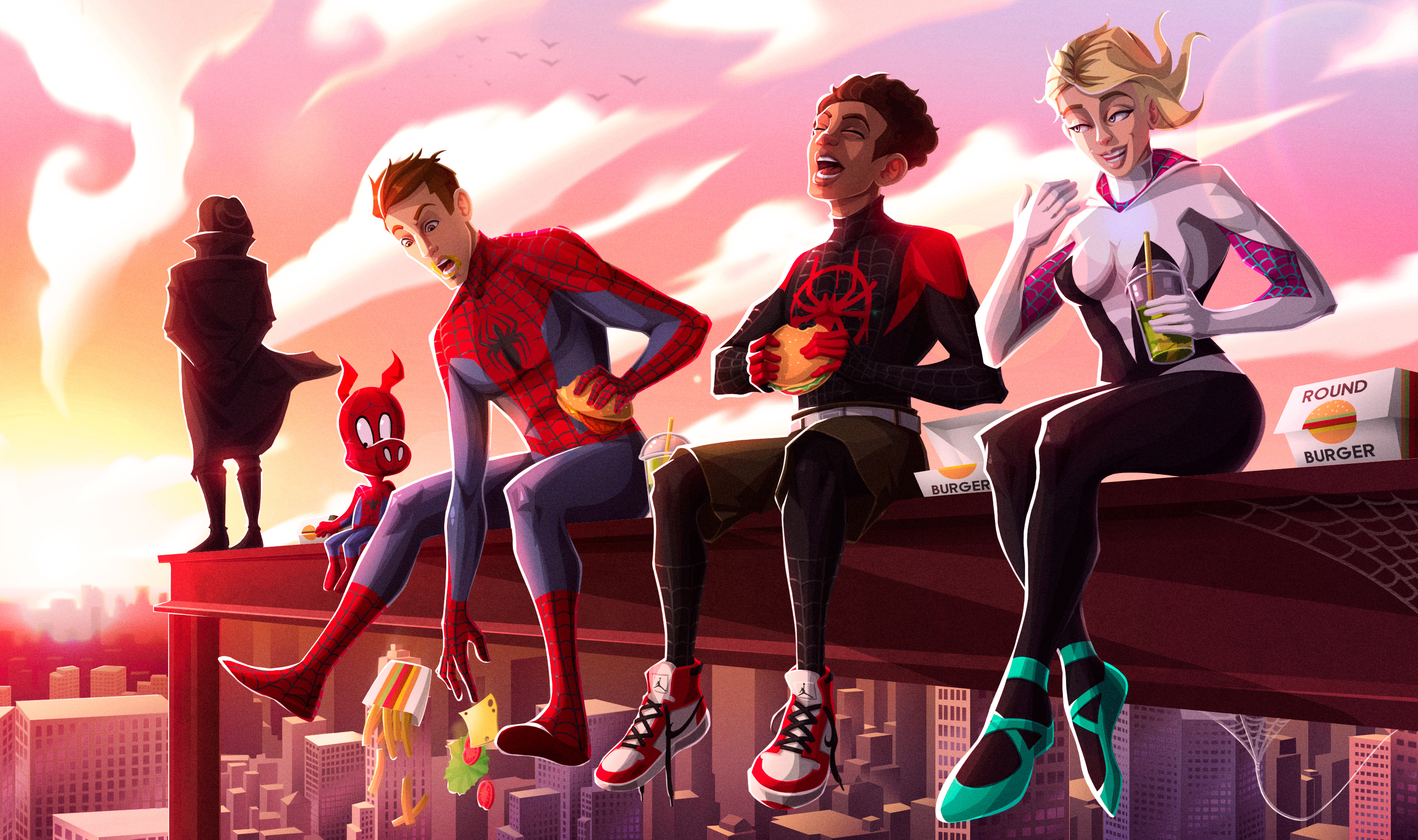 Spider-Man: Into the Spider-Verse characters eating burgers HD Wallpaper