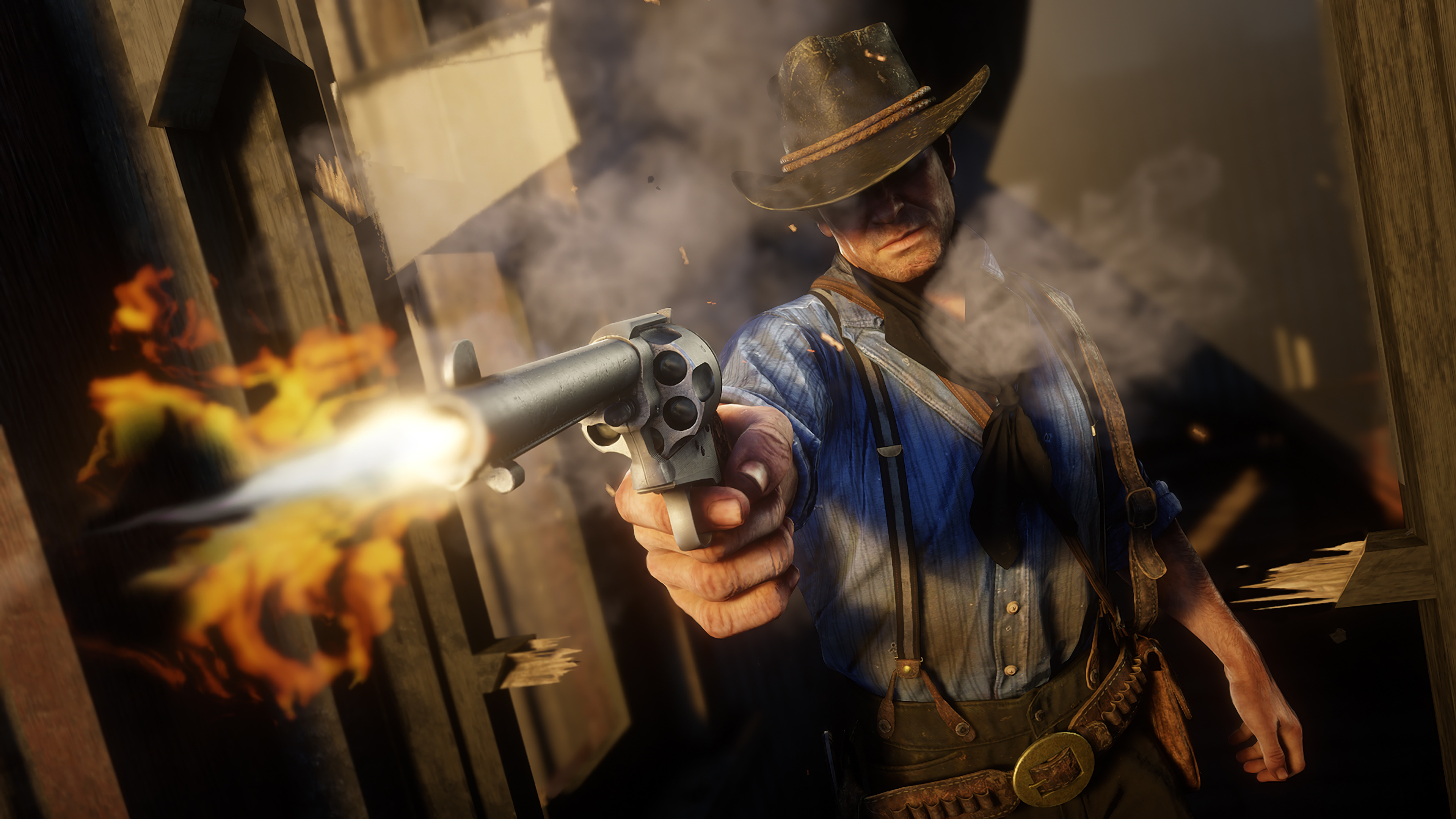 Arthur Morgan from Red Dead Redemption 2 firing a gun HD Wallpaper