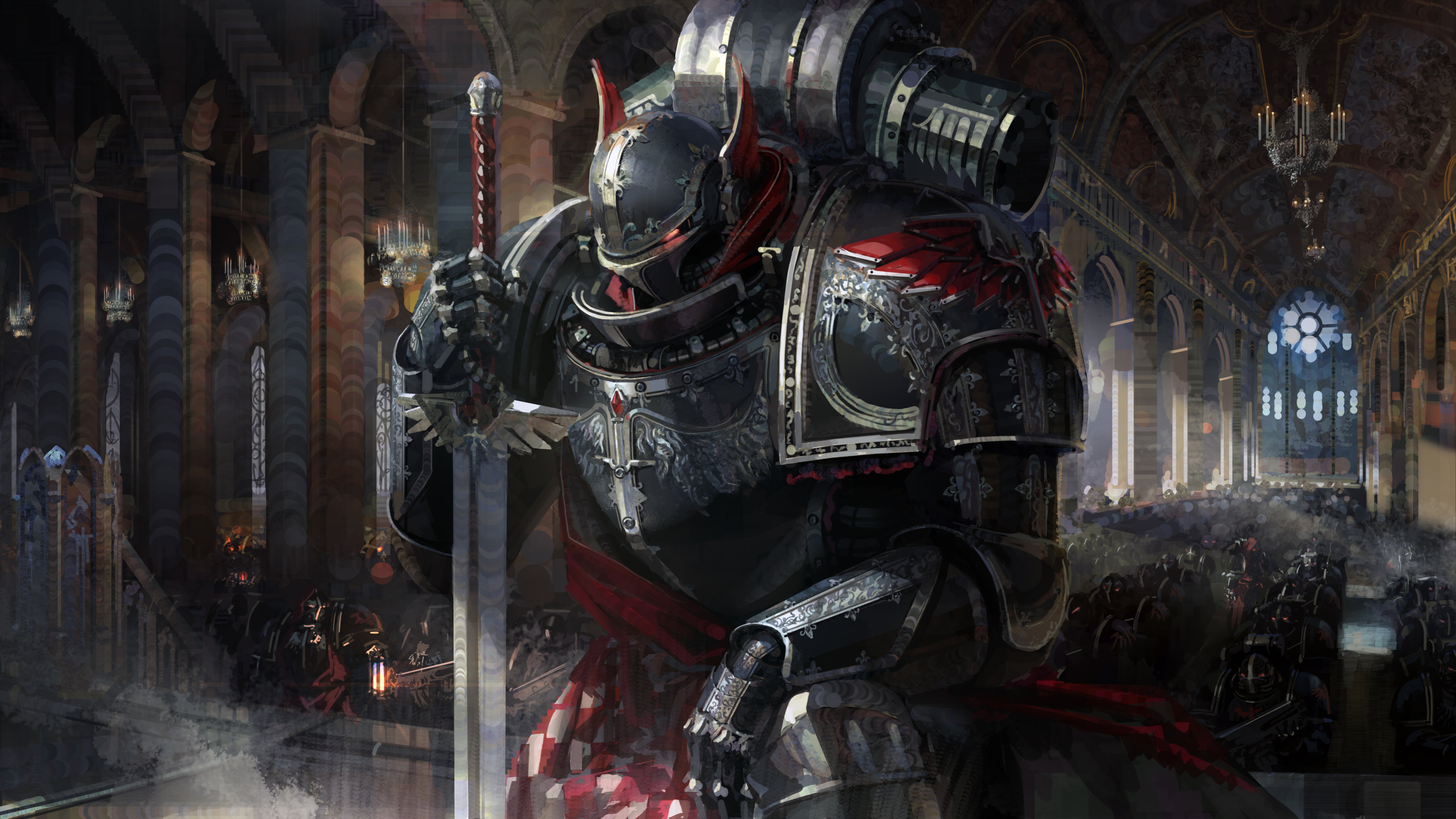 Space Marine with Sword in Warhammer 40k Church HD Wallpaper