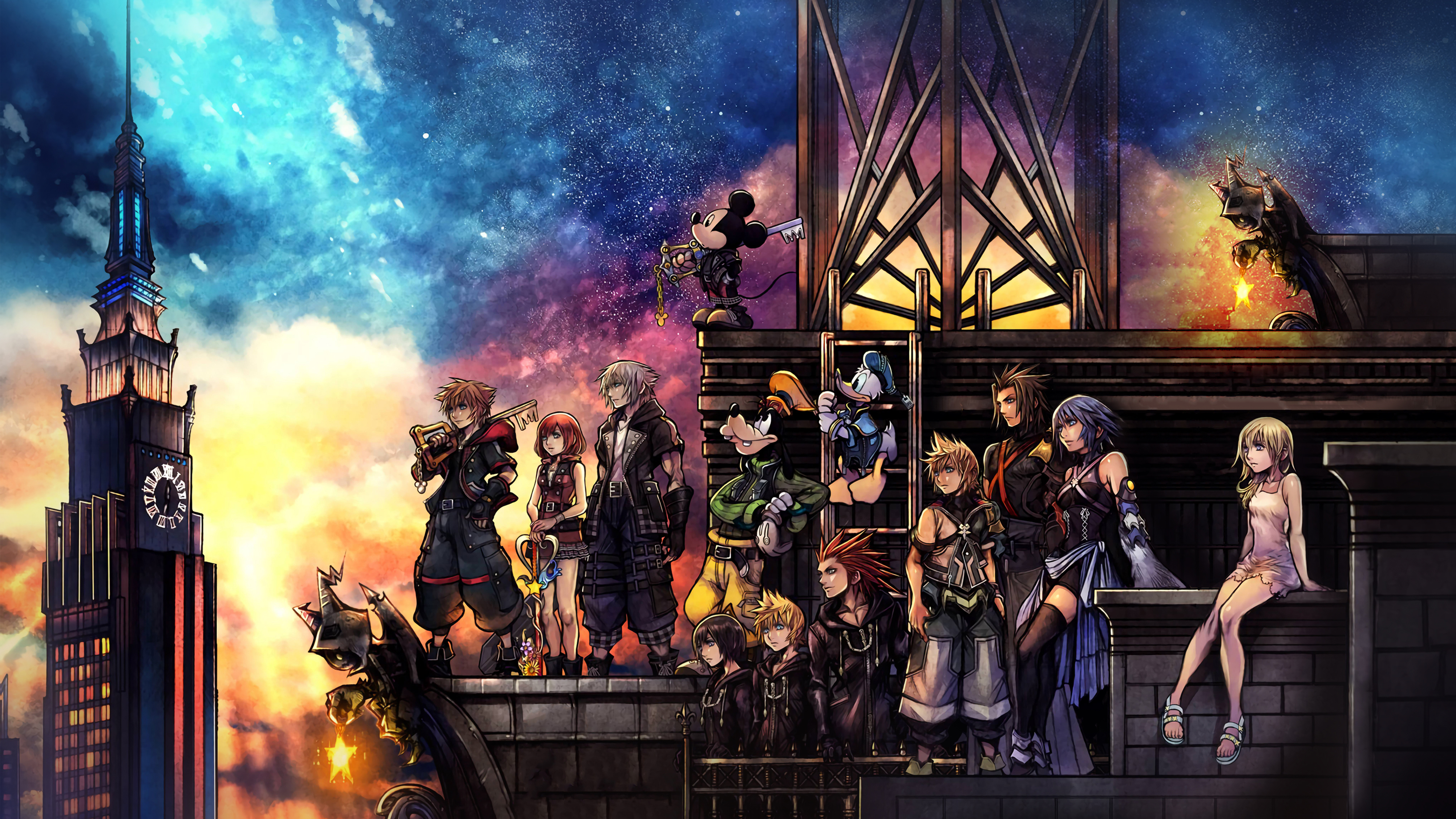 Kingdom Hearts characters on a rooftop at night HD Wallpaper