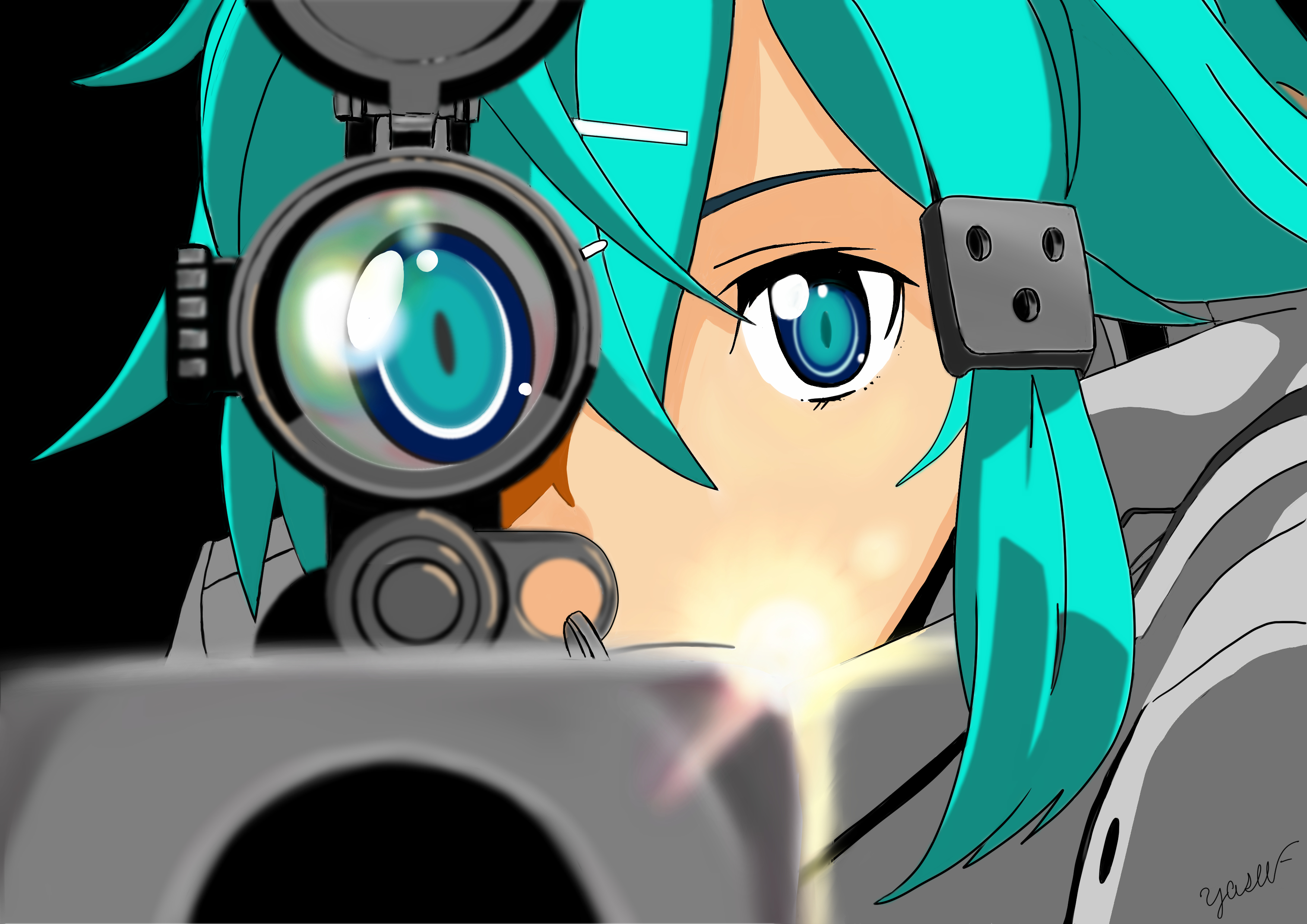 Sinon from Sword Art Online aiming a sniper rifle HD Wallpaper