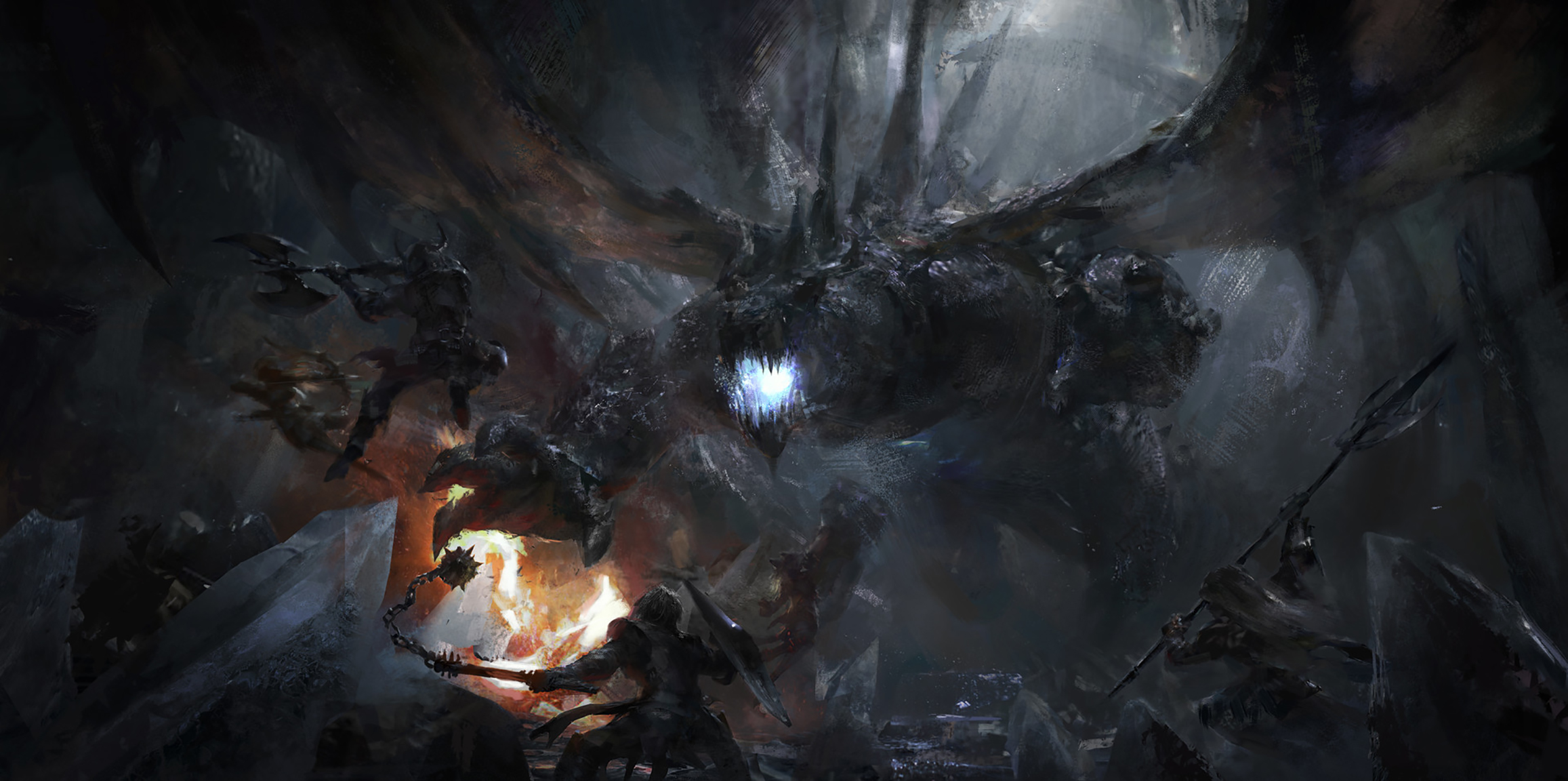 Dragon Battle in a Dark Cave with Warriors HD Wallpaper