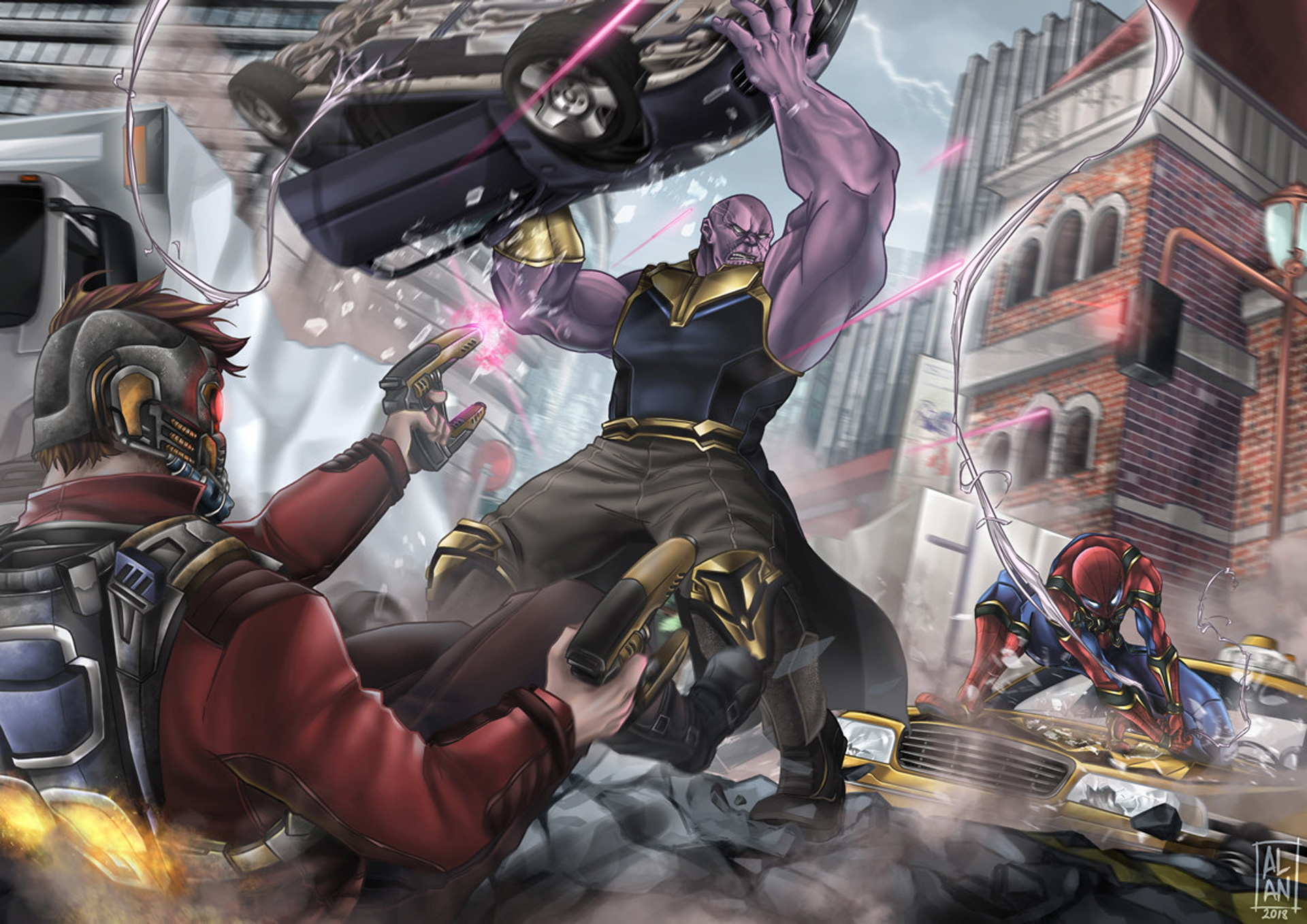 Thanos fighting Star Lord and Spider-Man from Avengers: Infinity War HD Wallpaper