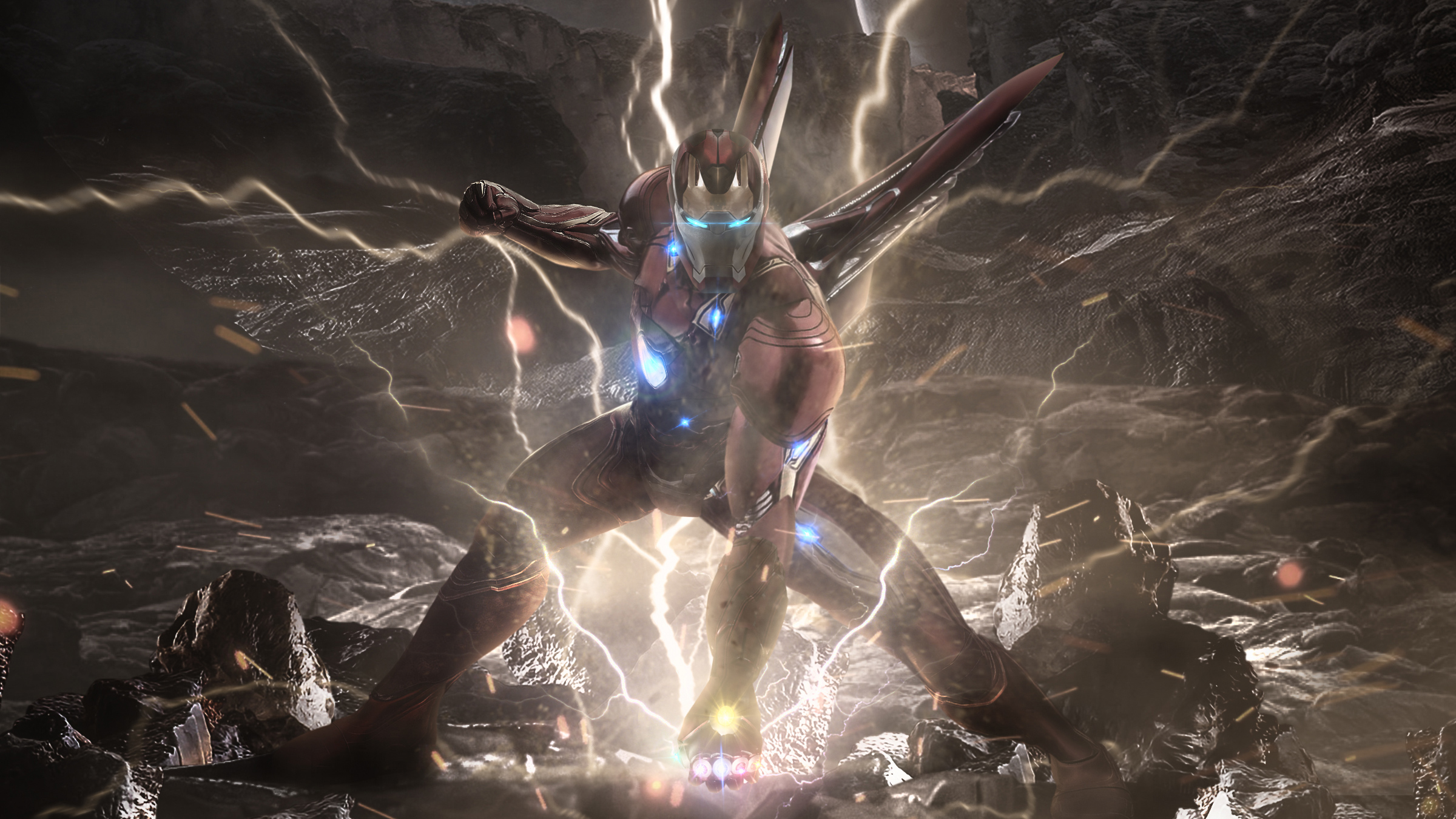 Iron Man in a rocky, stormy environment HD Wallpaper