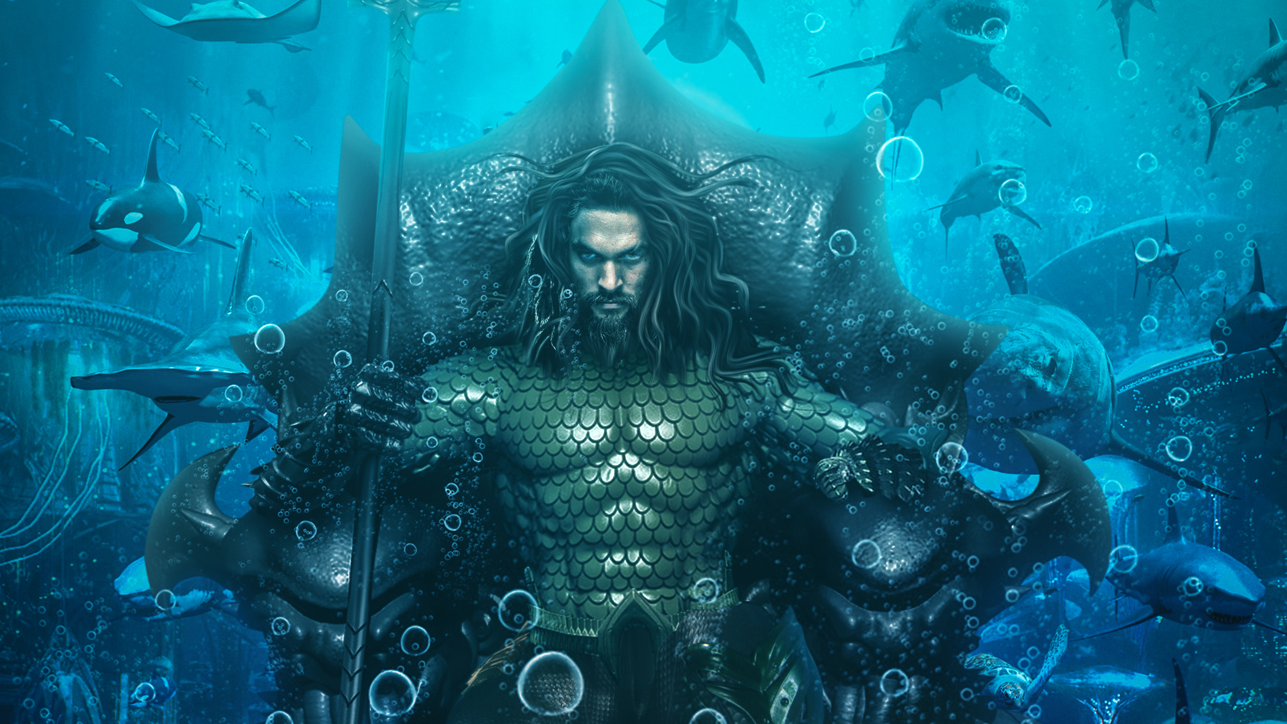 Aquaman from DC Comics sitting on a throne surrounded by sea creatures HD Wallpaper