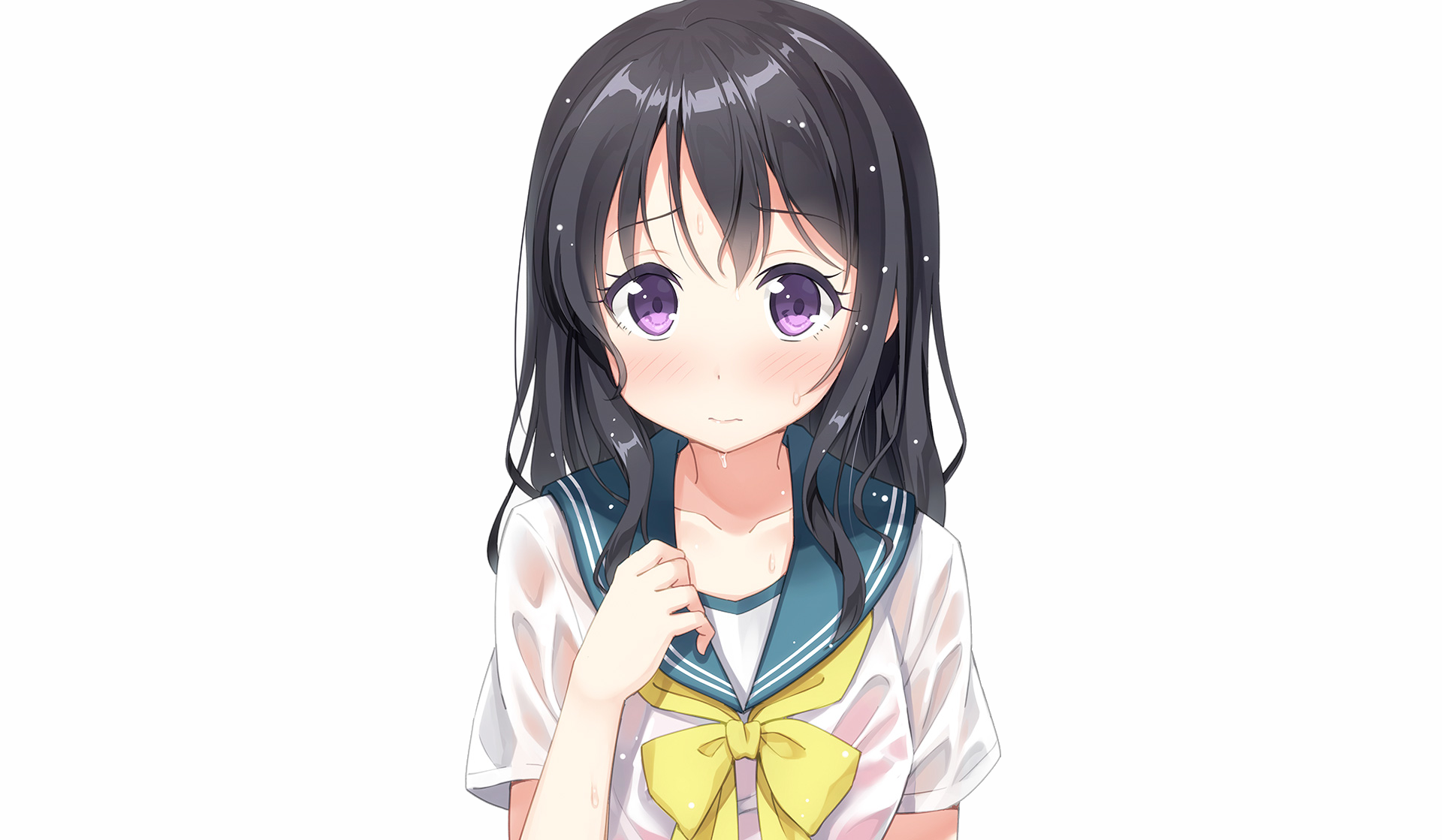 Anime girl with long black hair and purple eyes in a school uniform HD Wallpaper