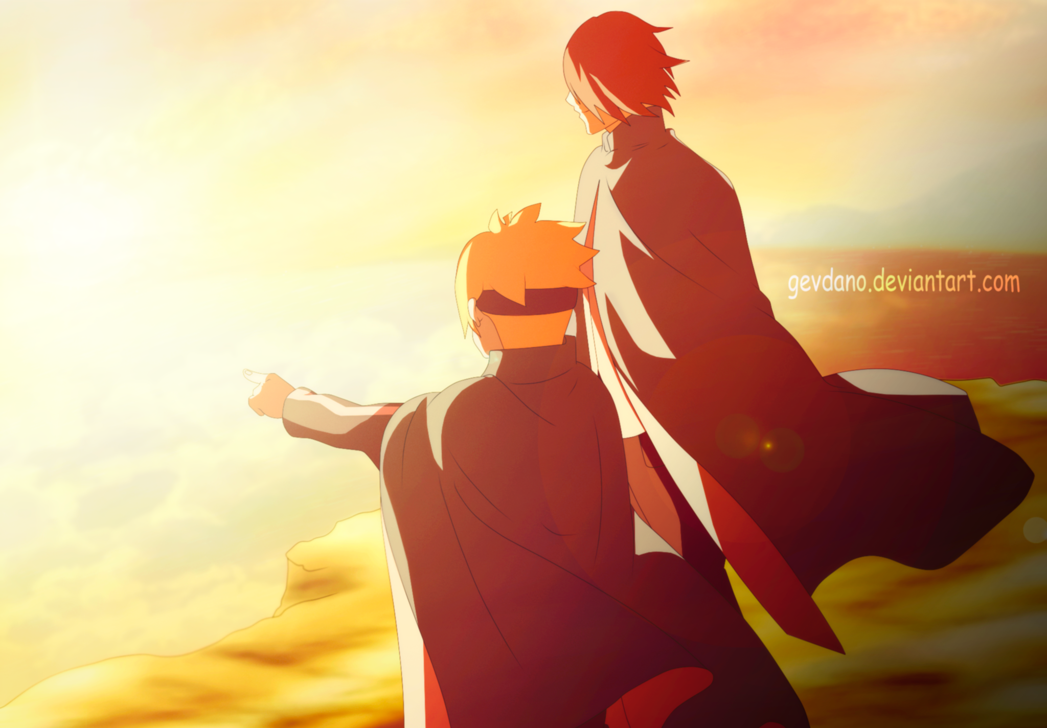 Boruto and Sasuke from Naruto looking at the sunset HD Wallpaper