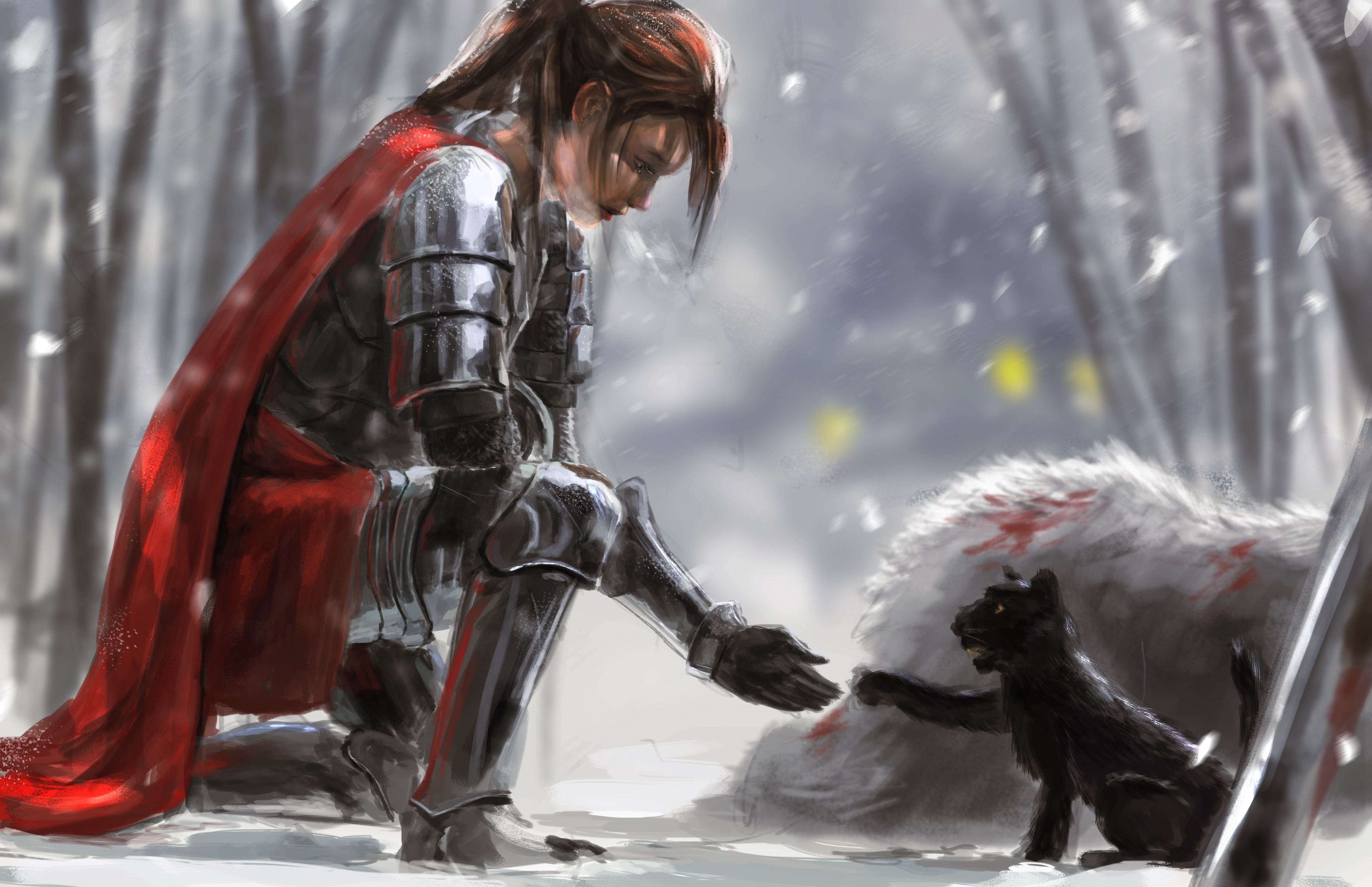 Knight in armor interacting with a black cat in a snowy forest HD Wallpaper