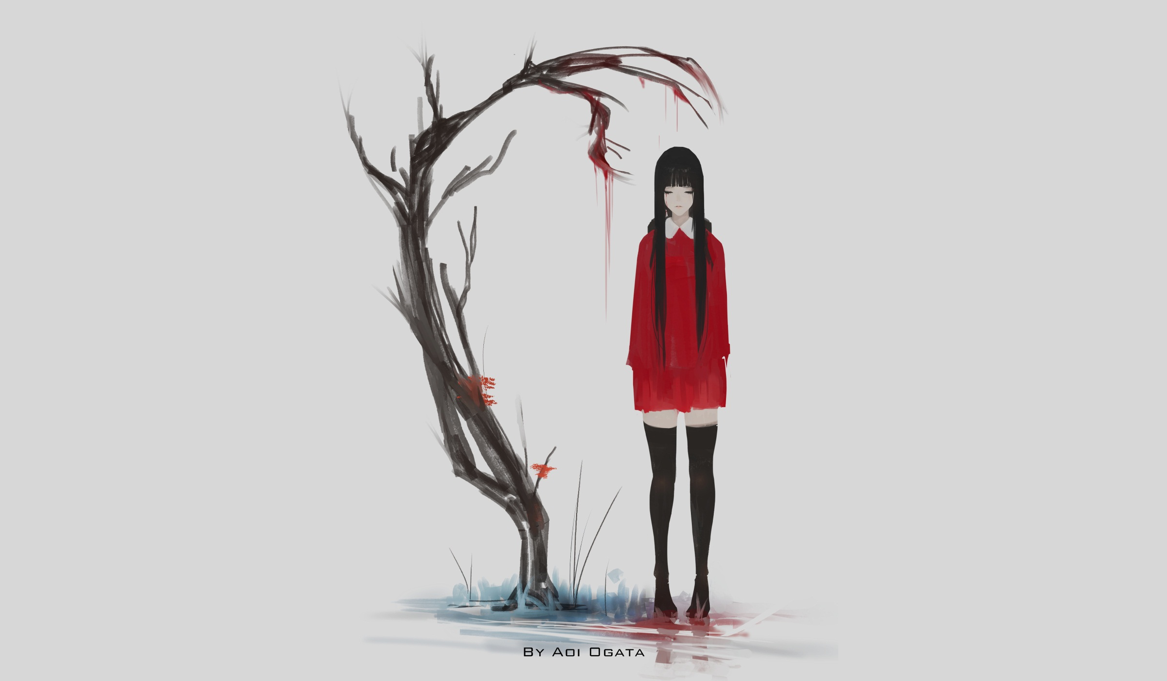 Girl in red dress by a bloody tree HD Wallpaper